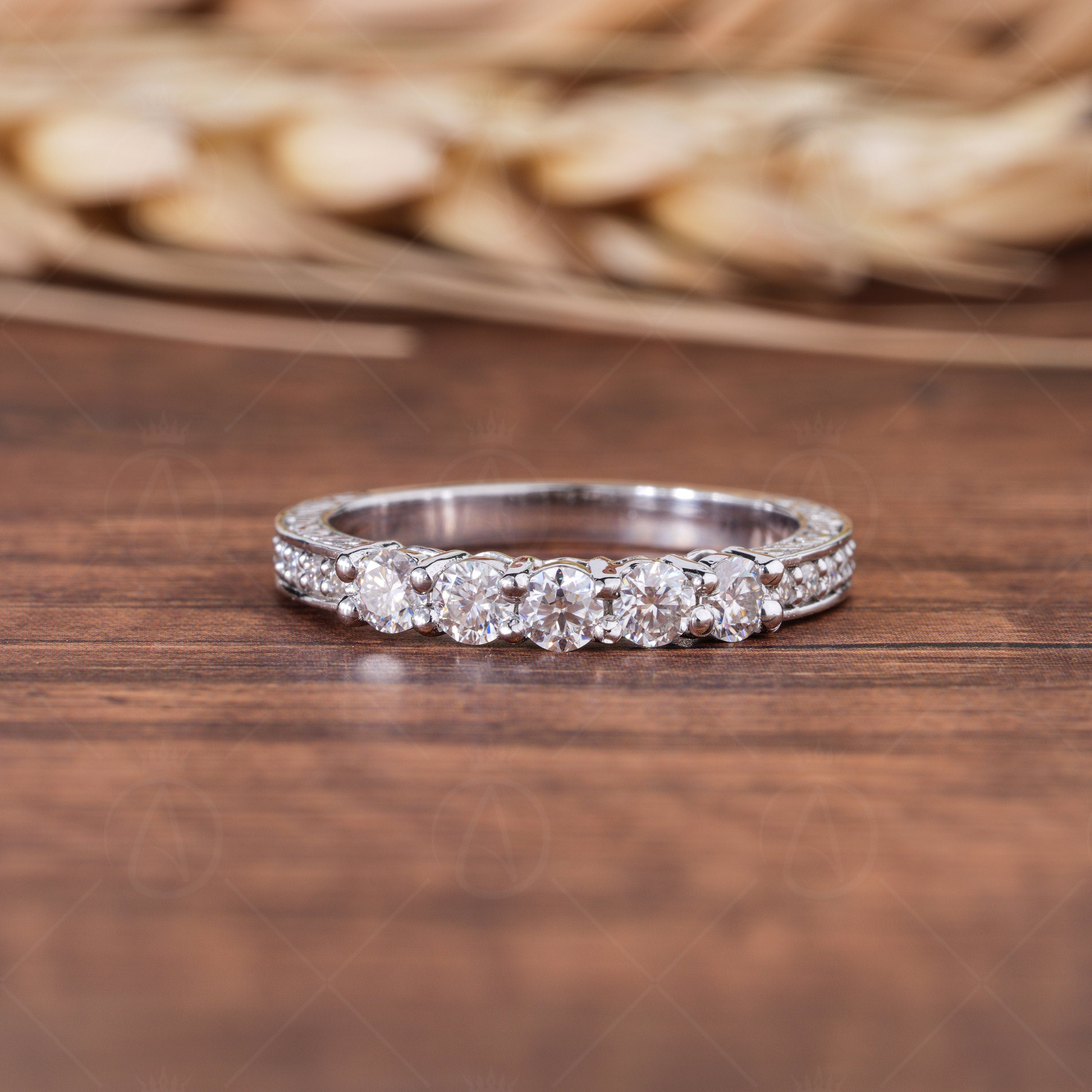 Antique Carved Vintage Wedding Bands Women, Engraved 5 Stone Stackable Anniversary Rings, Unique Vintage Bridal Band Ring, Matching Band