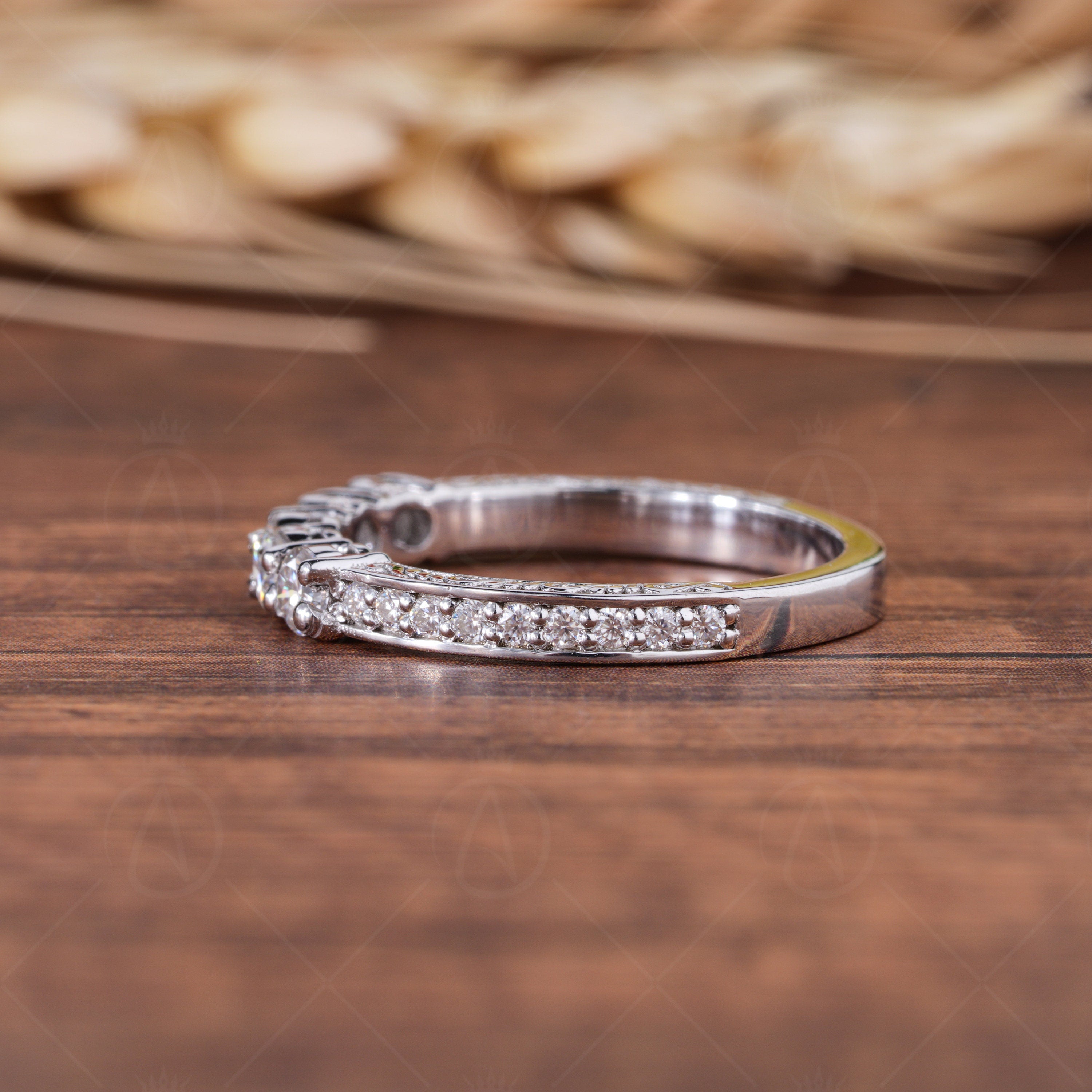 Antique Carved Vintage Wedding Bands Women, Engraved 5 Stone Stackable Anniversary Rings, Unique Vintage Bridal Band Ring, Matching Band