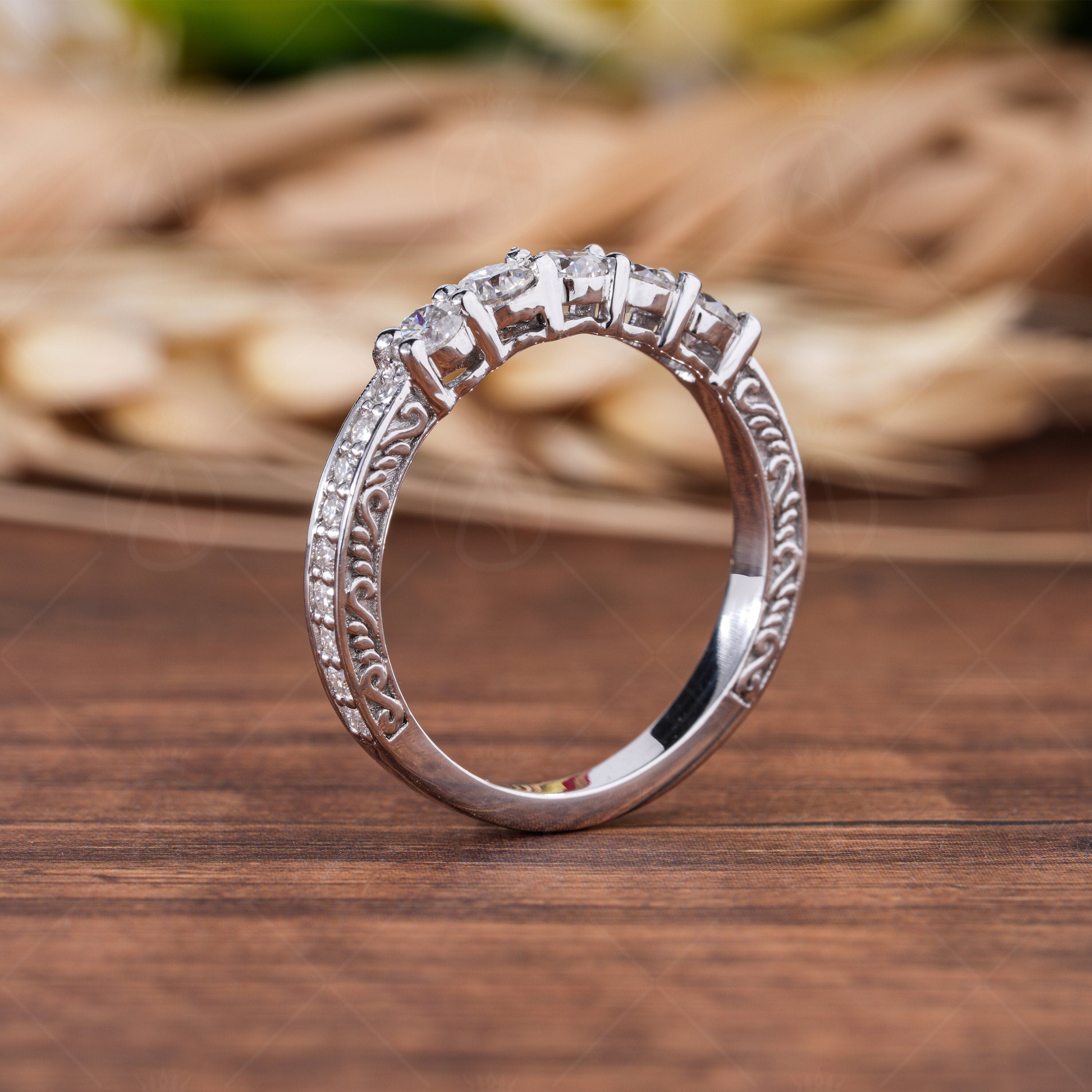 Antique Carved Vintage Wedding Bands Women, Engraved 5 Stone Stackable Anniversary Rings, Unique Vintage Bridal Band Ring, Matching Band