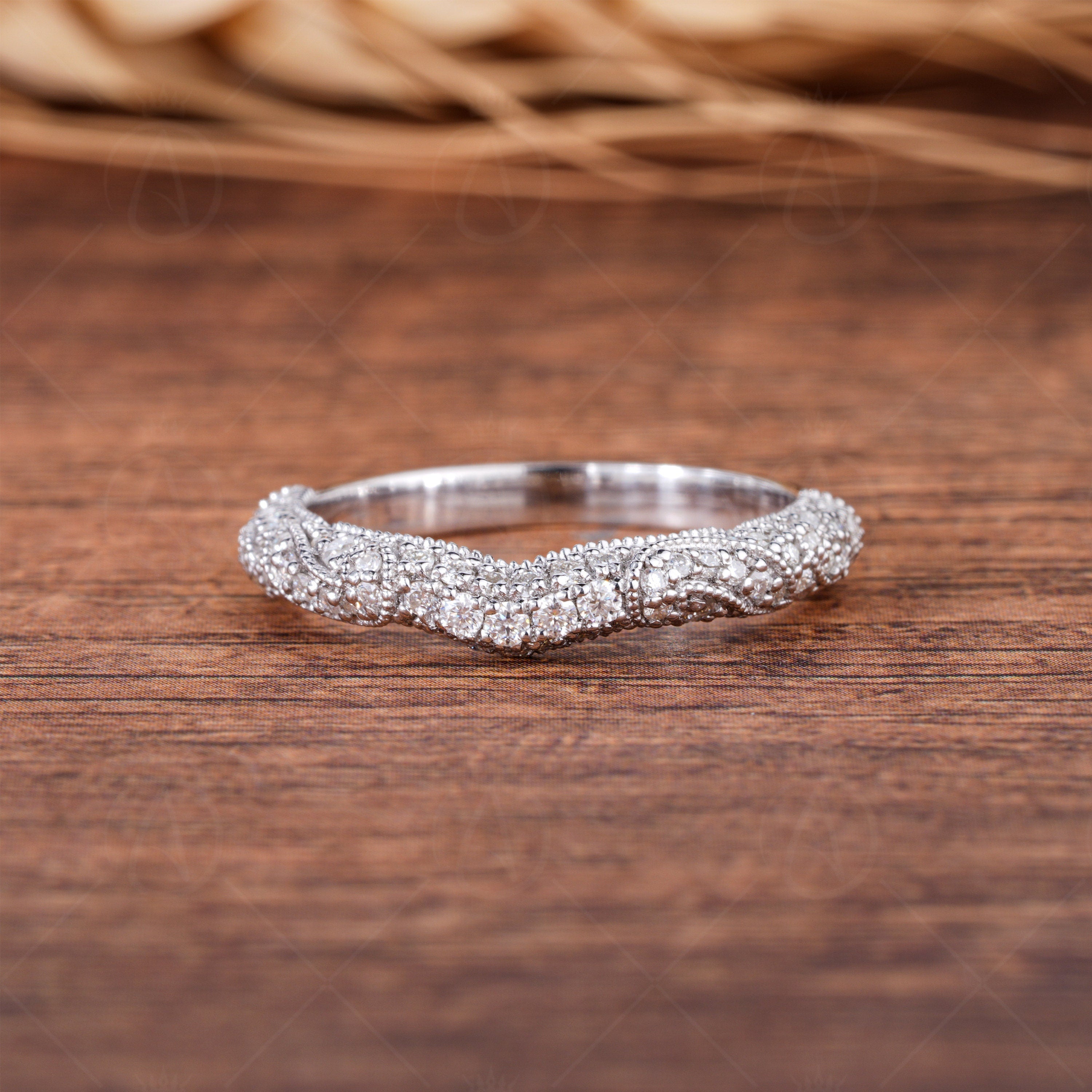 Moissanite Filigree Ring, Lace Style Art Deco Band Ring, Vintage Milgrain Wedding Bands Women, Unique Vintage Anniversary Band, Promise Ring For Her