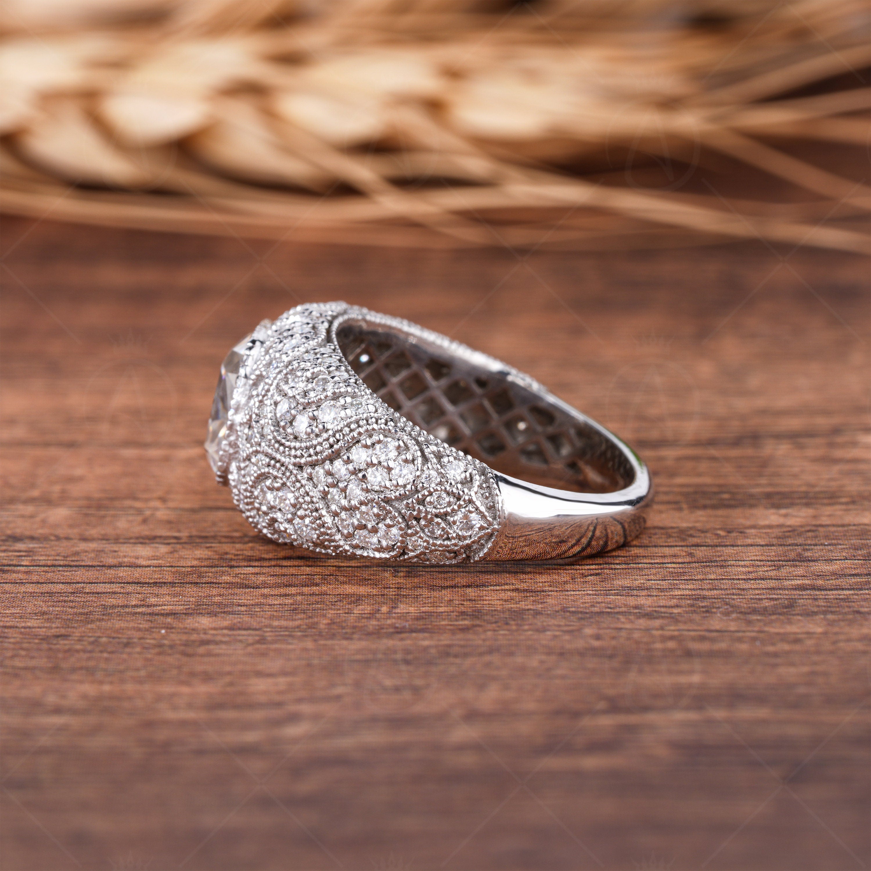 Antique Filigree Statement Ring, Vintage Old European Cushion Cut Ring, Moissanite Chunky Dome Ring, Art Deco Milgrain Rings For Women