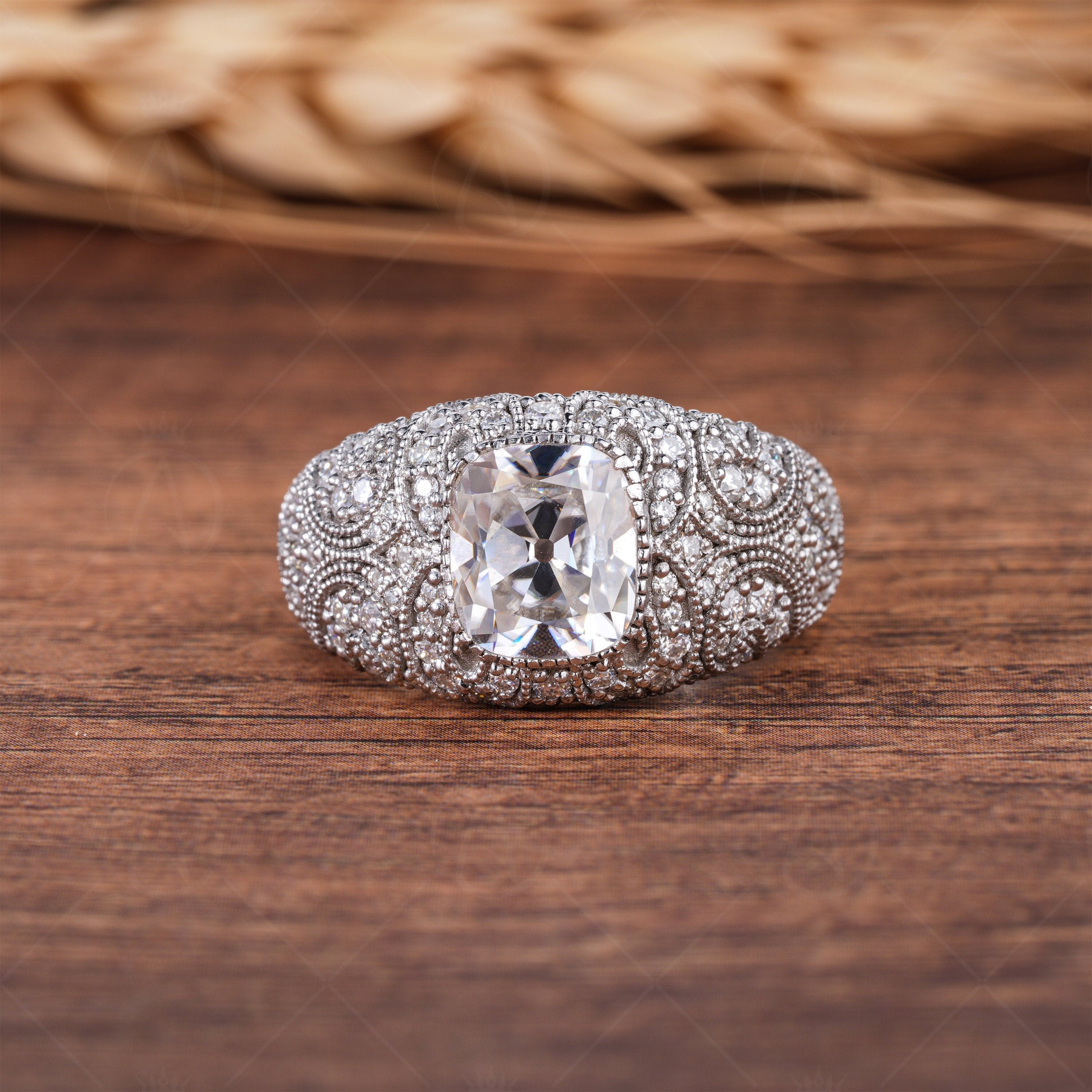 Antique Filigree Statement Ring, Vintage Old European Cushion Cut Ring, Moissanite Chunky Dome Ring, Art Deco Milgrain Rings For Women