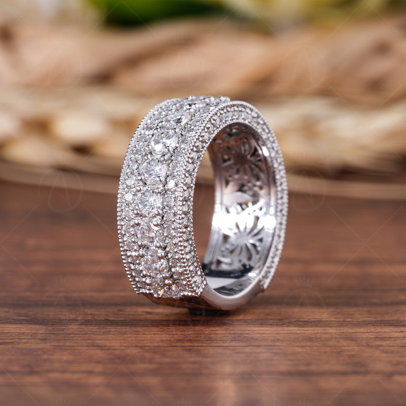 Milgrain wide band 3-sided moissanite anniversary ring