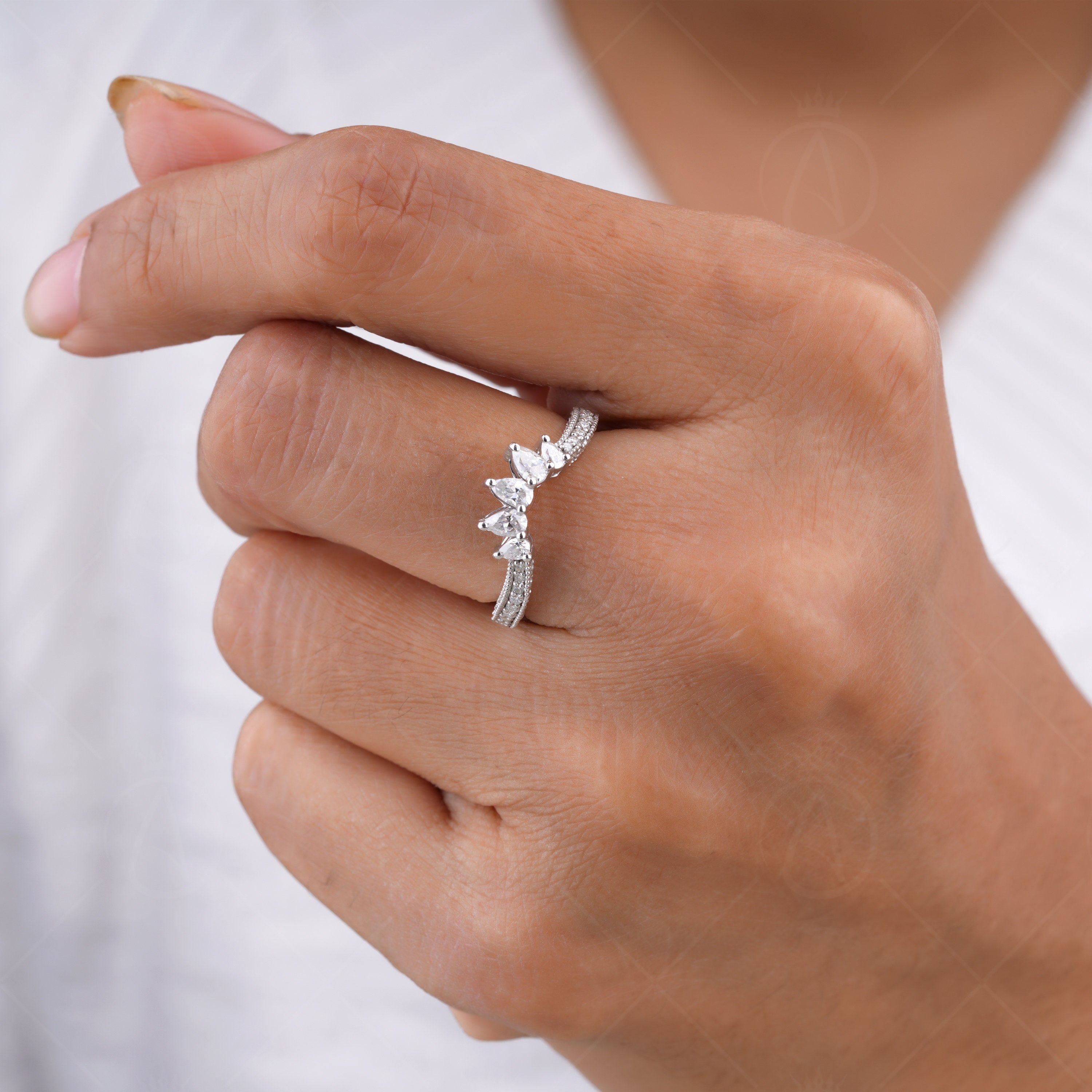 Contoured Wedding Bands Women, Milgrain Curved Stacking Ring, Pear Moissanite Matching Band, Nesting Anniversary Rings, Promise Ring For Her