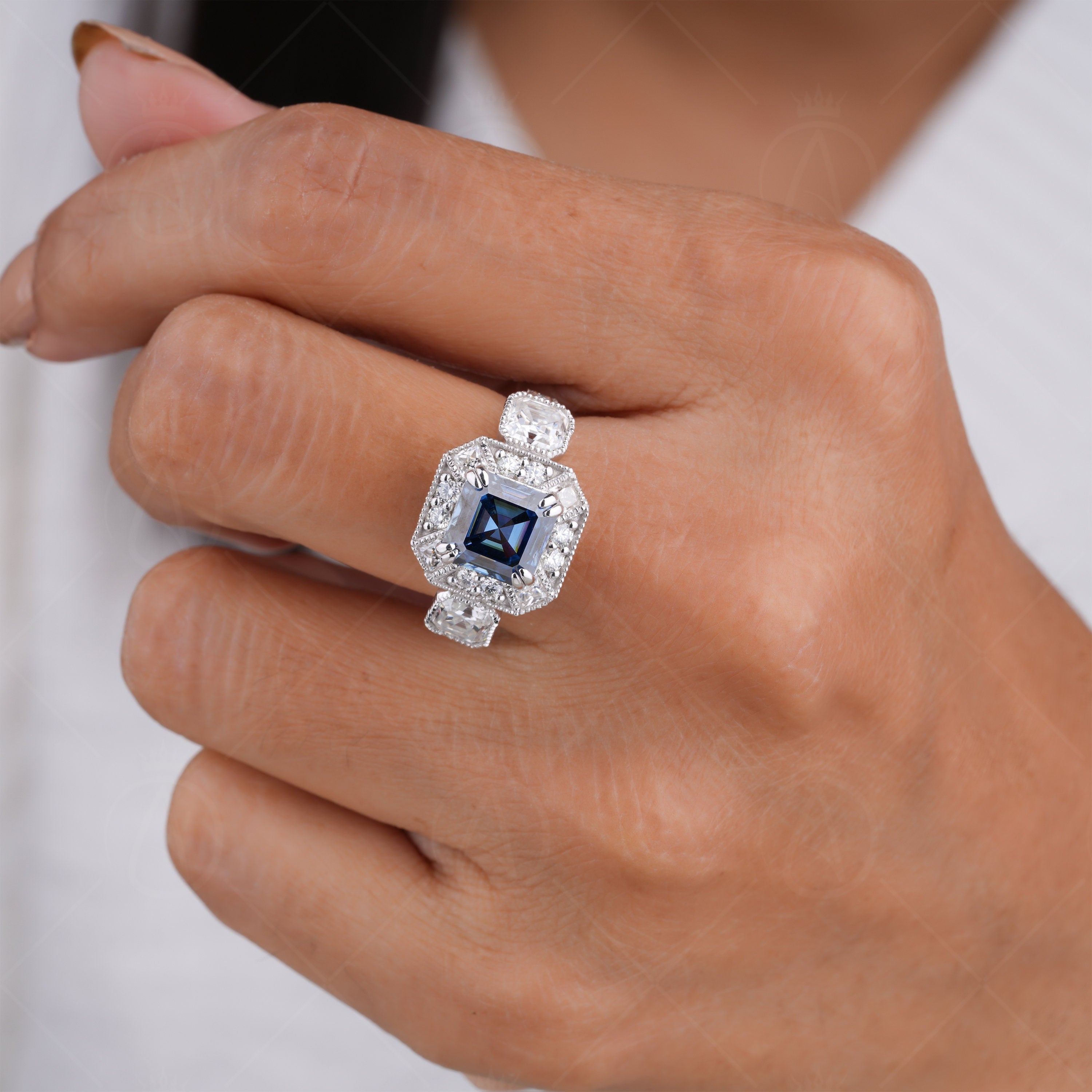Blue Moissanite Asscher Cut Halo Engagement Ring, Electric Blue Stone Ring, Art Deco Milgrain Vintage Ring, Three Stone Rings For Women