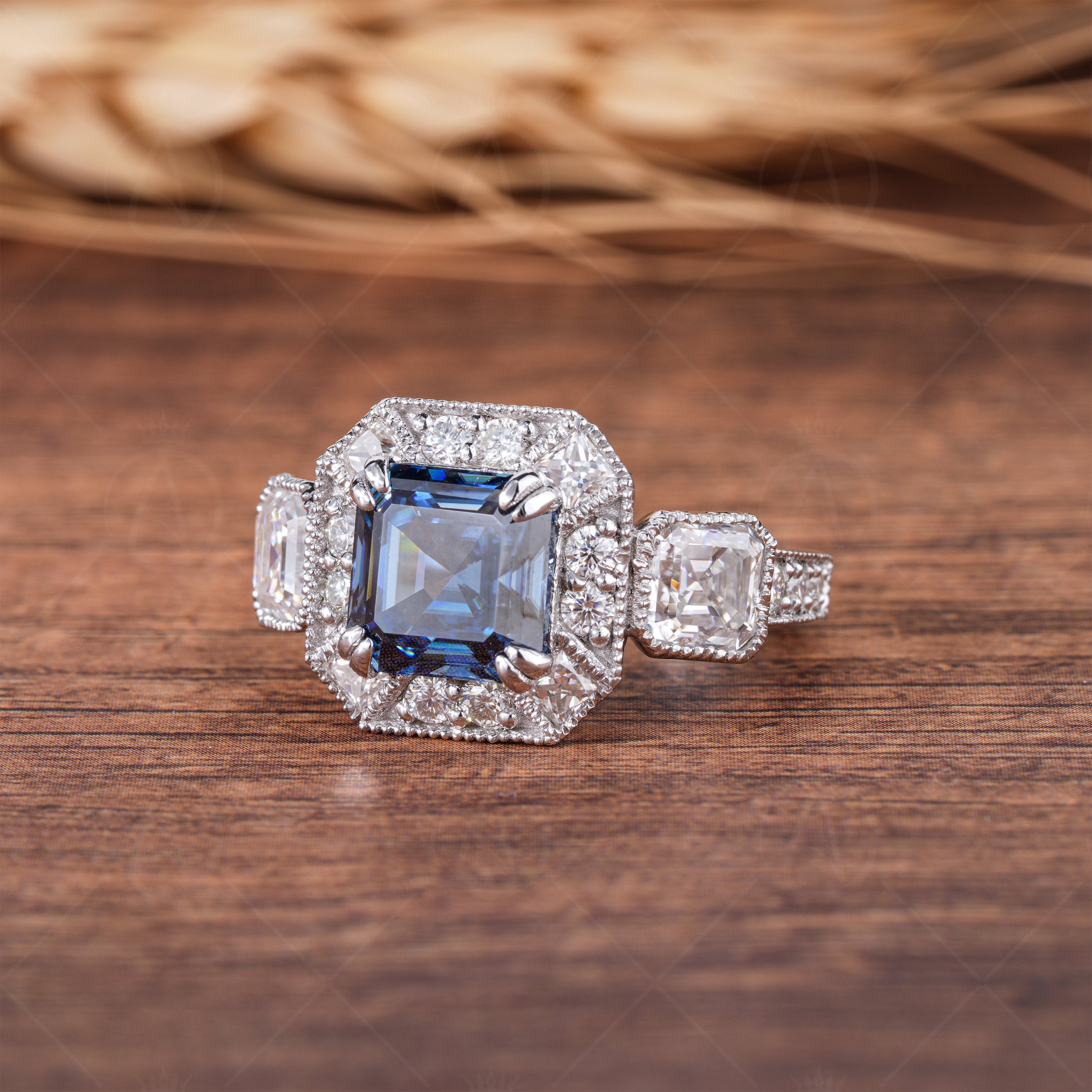 Blue Moissanite Asscher Cut Halo Engagement Ring, Electric Blue Stone Ring, Art Deco Milgrain Vintage Ring, Three Stone Rings For Women