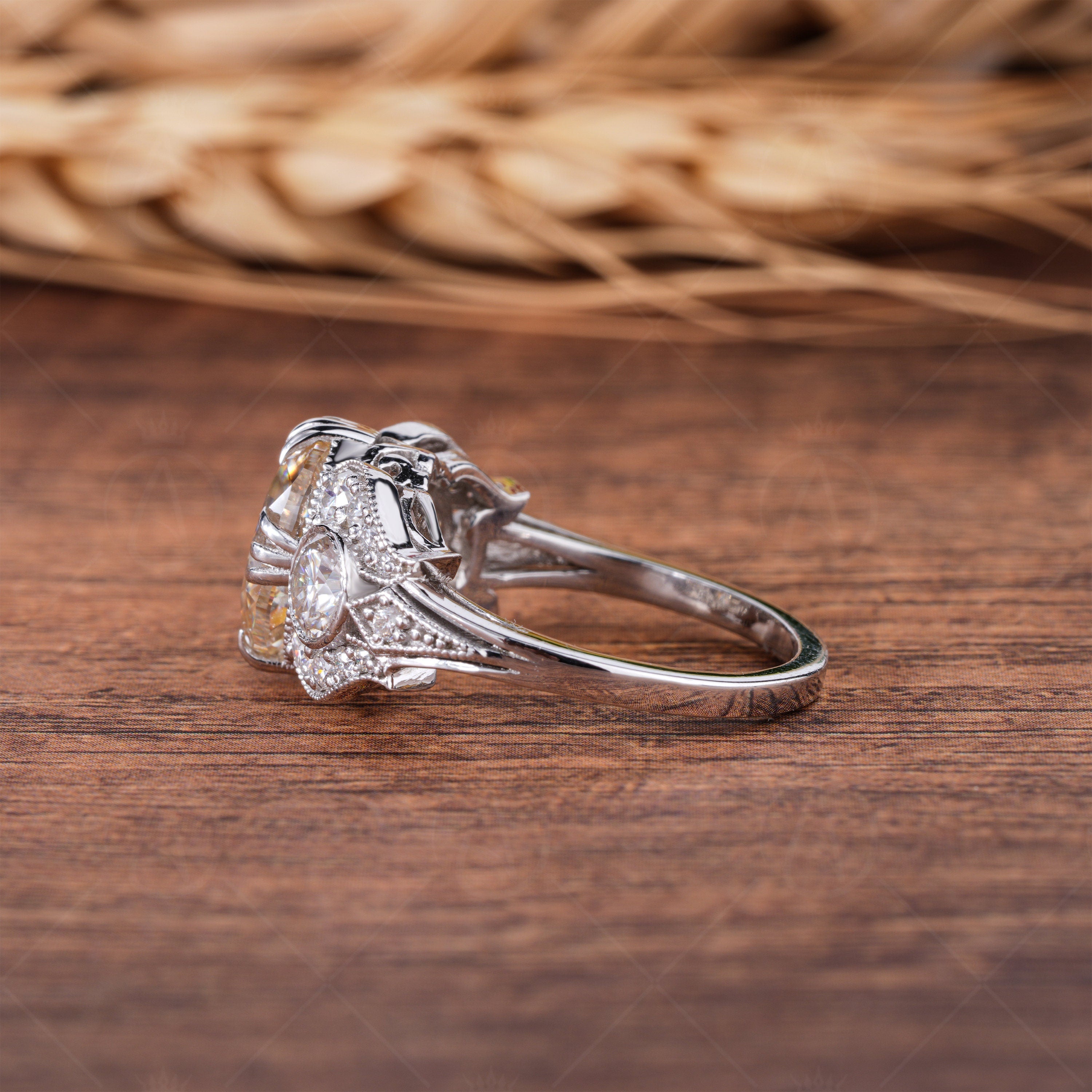 Antique Edwardian Engagement Ring, Yellow Oval Moissanite Vintage Rings For Women, Unique Art Deco Anniversary Rings, Retro Style Ring, Elongated Oval Victorian Style Ring