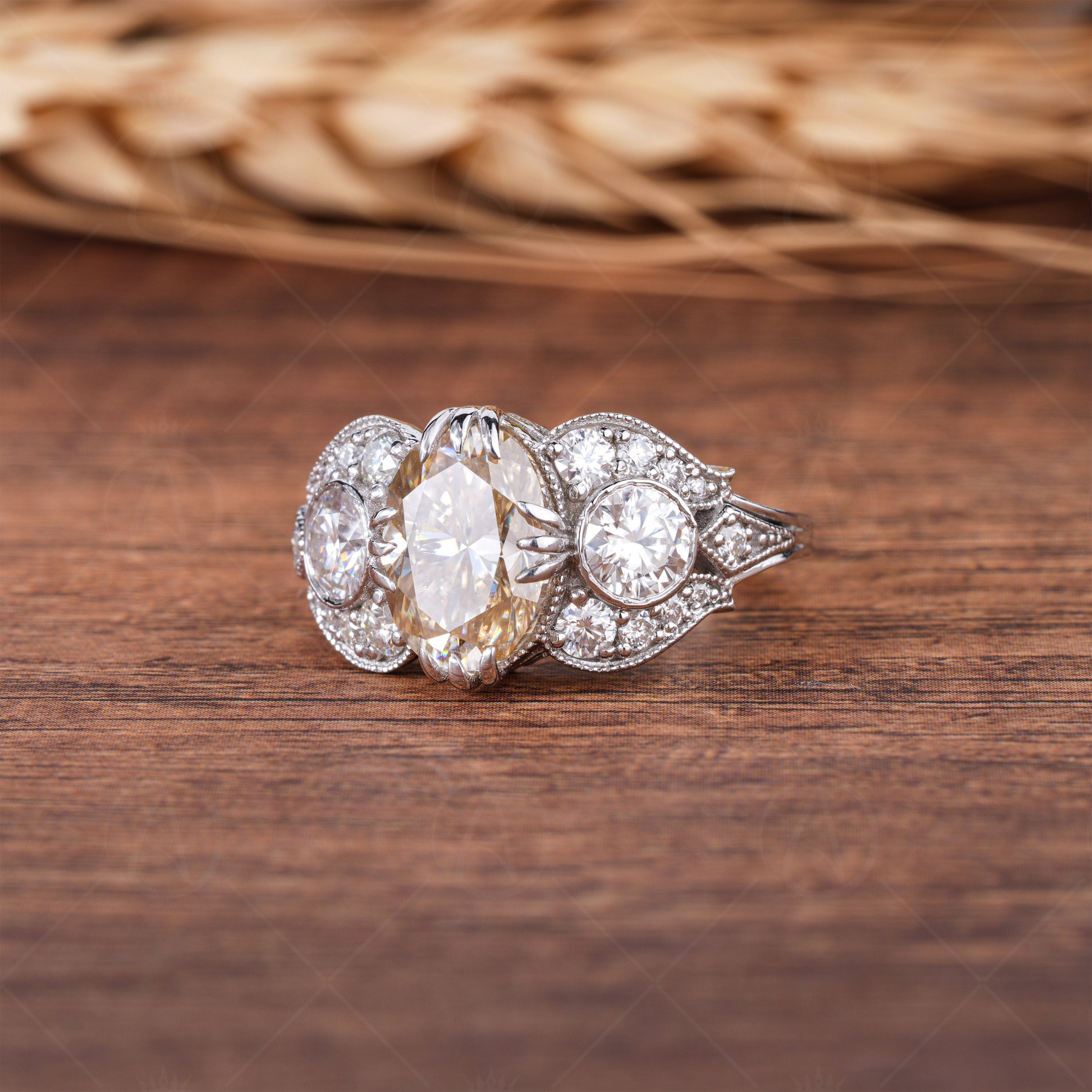 Antique Edwardian Engagement Ring, Yellow Oval Moissanite Vintage Rings For Women, Unique Art Deco Anniversary Rings, Retro Style Ring, Elongated Oval Victorian Style Ring