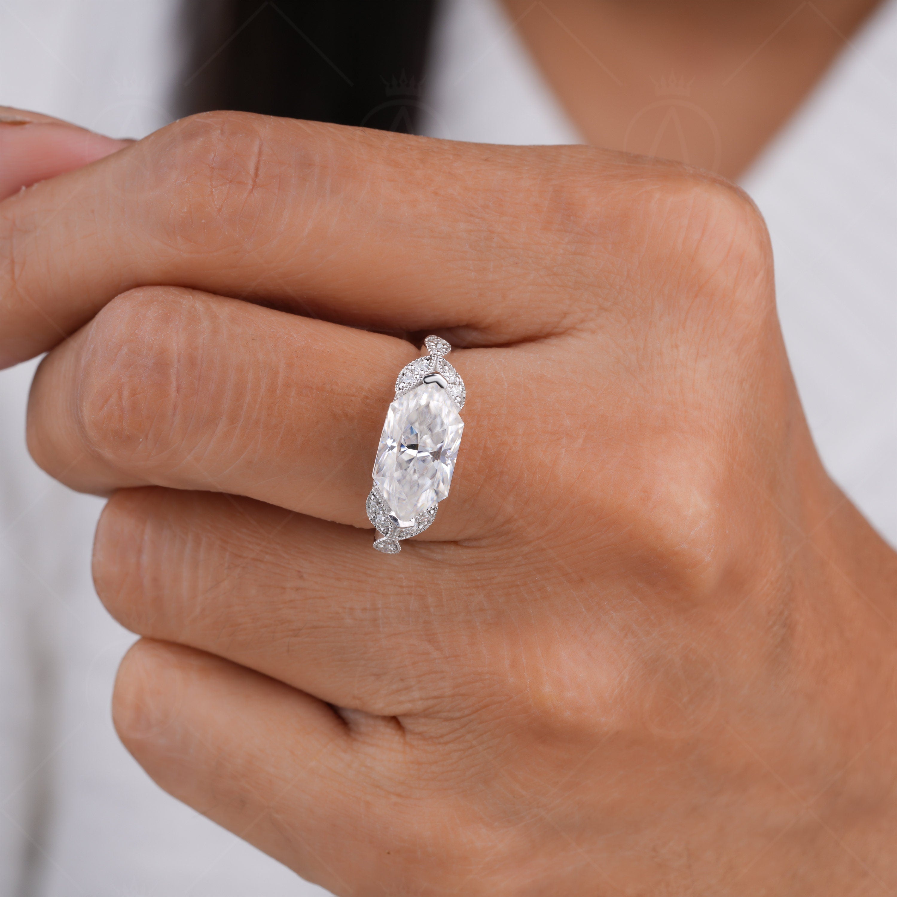 East West Dutch Marquise Cut Moissanite Ring, Art Deco Horizontal Marquise Engagement Ring, Vintage Style Promise Rings For Women