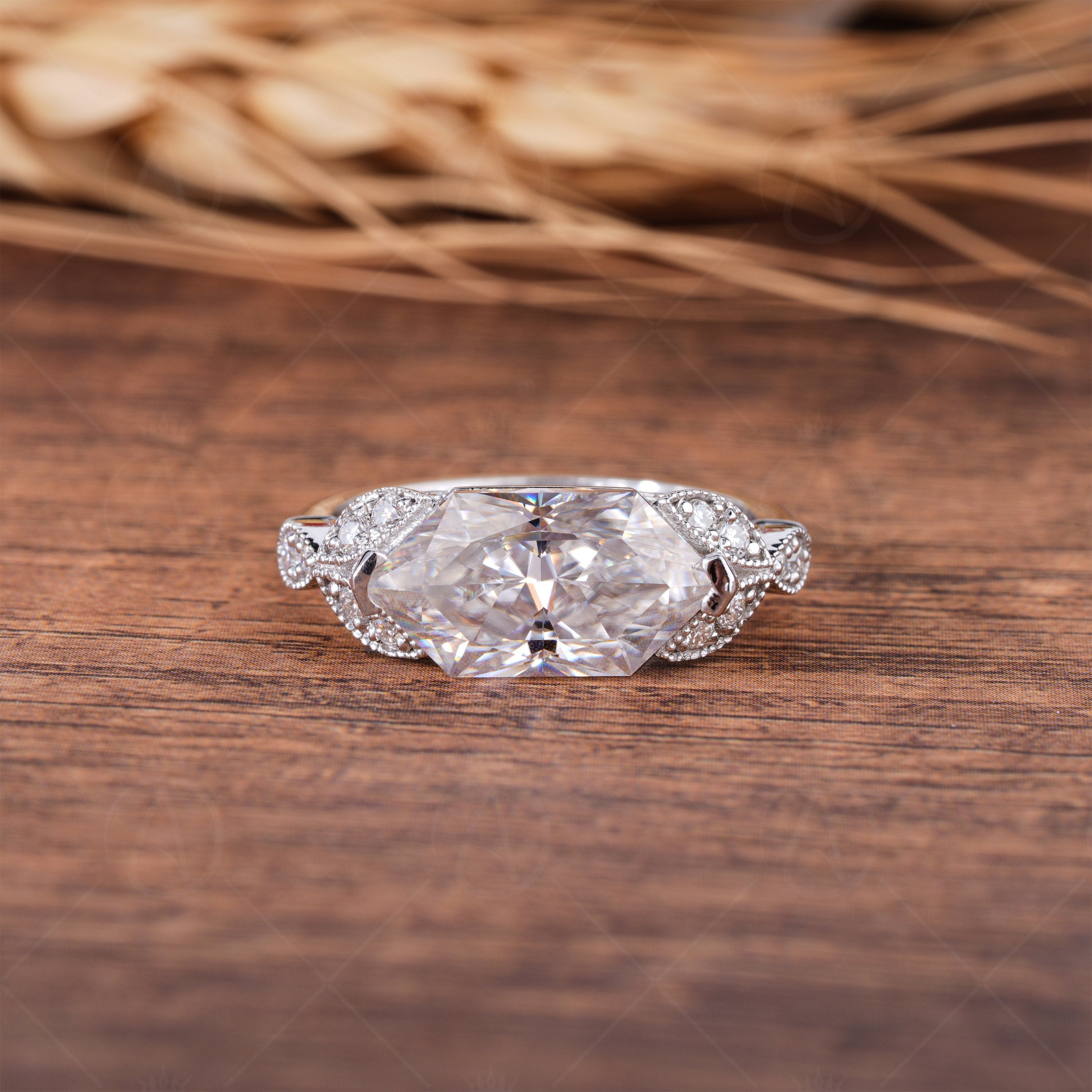 East West Dutch Marquise Cut Moissanite Ring, Art Deco Horizontal Marquise Engagement Ring, Vintage Style Promise Rings For Women