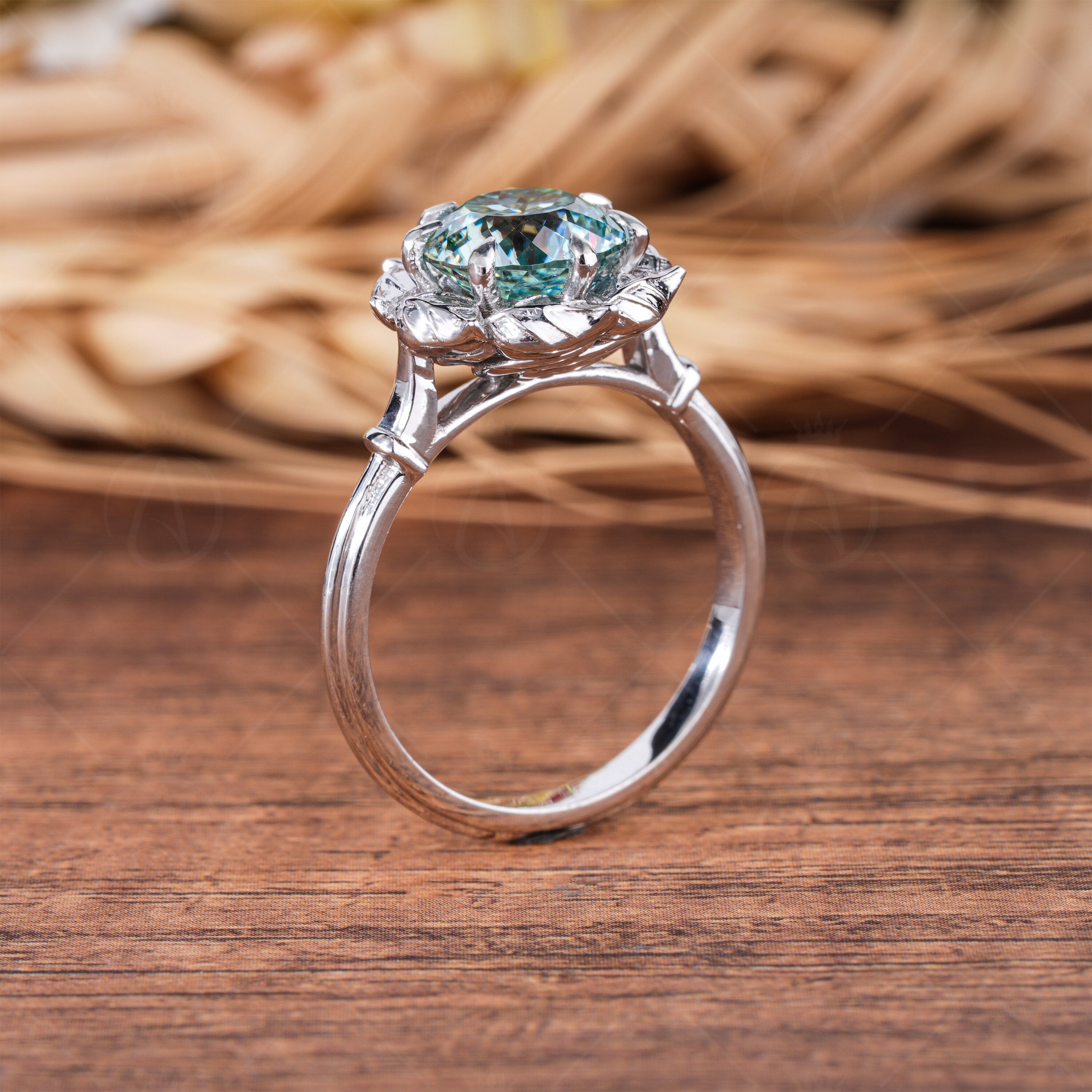 Engraved Leaf Nature Inspired Ring, Cyan Blue Portuguese Cut Moissanite Engagement Ring, Carved Art Deco Womens Ring, Promise Ring For Her