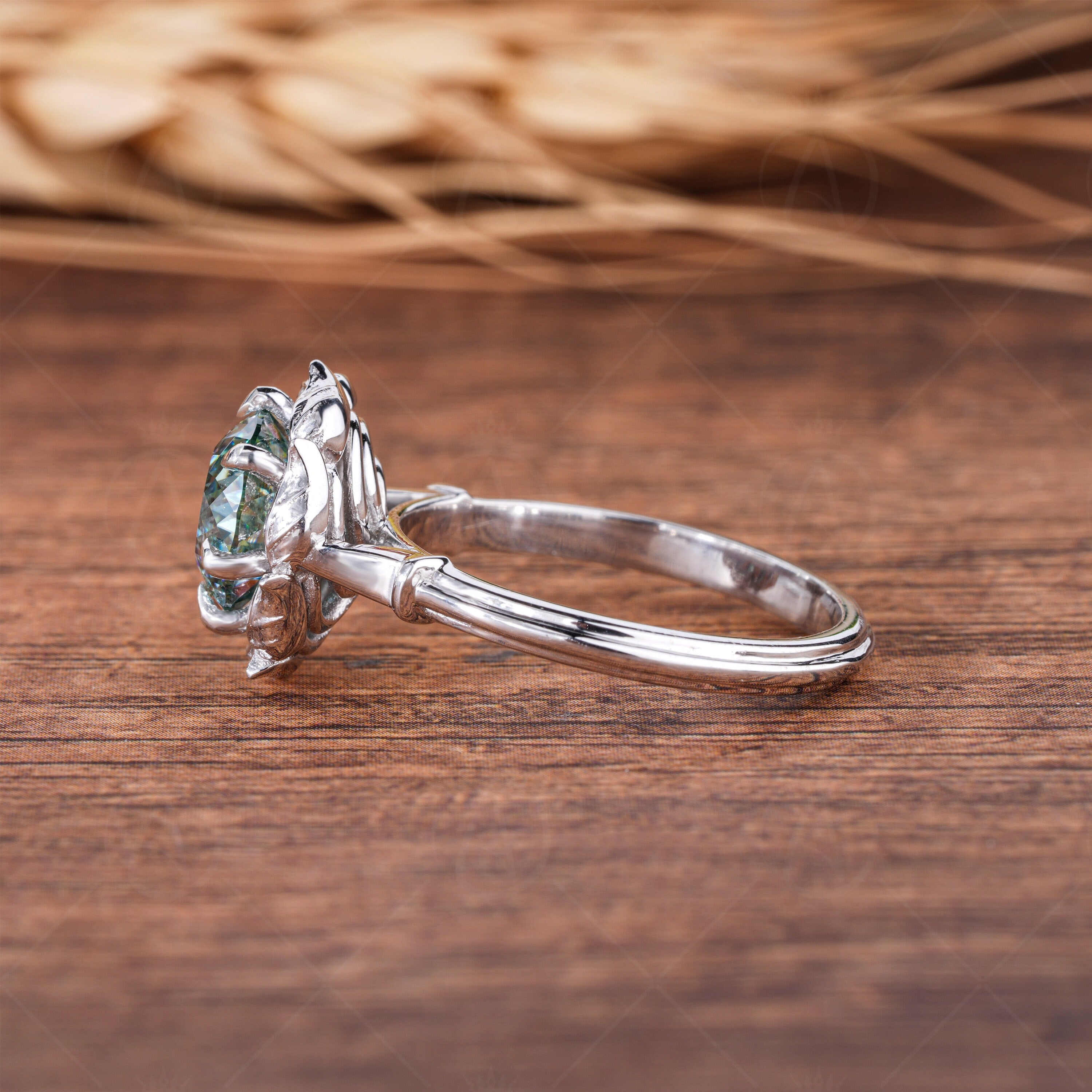 Engraved Leaf Nature Inspired Ring, Cyan Blue Portuguese Cut Moissanite Engagement Ring, Carved Art Deco Womens Ring, Promise Ring For Her