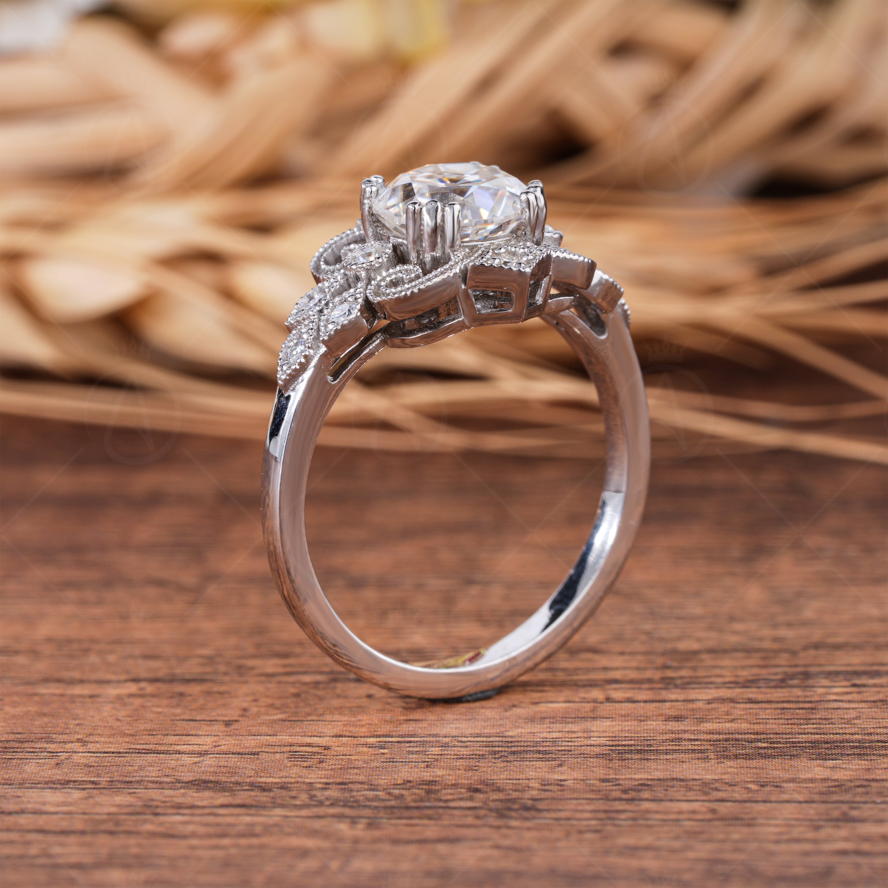 Antique Old Mine Cut Round Moissanite Ring, Vintage Filigree Engagement Ring, Old European Cut Art Deco Ring, Victorian Style Unique Ring, OMC Moissanite Diamond Ring, OEC Moissanite Ring, Art Deco Ring, Anniversary Ring