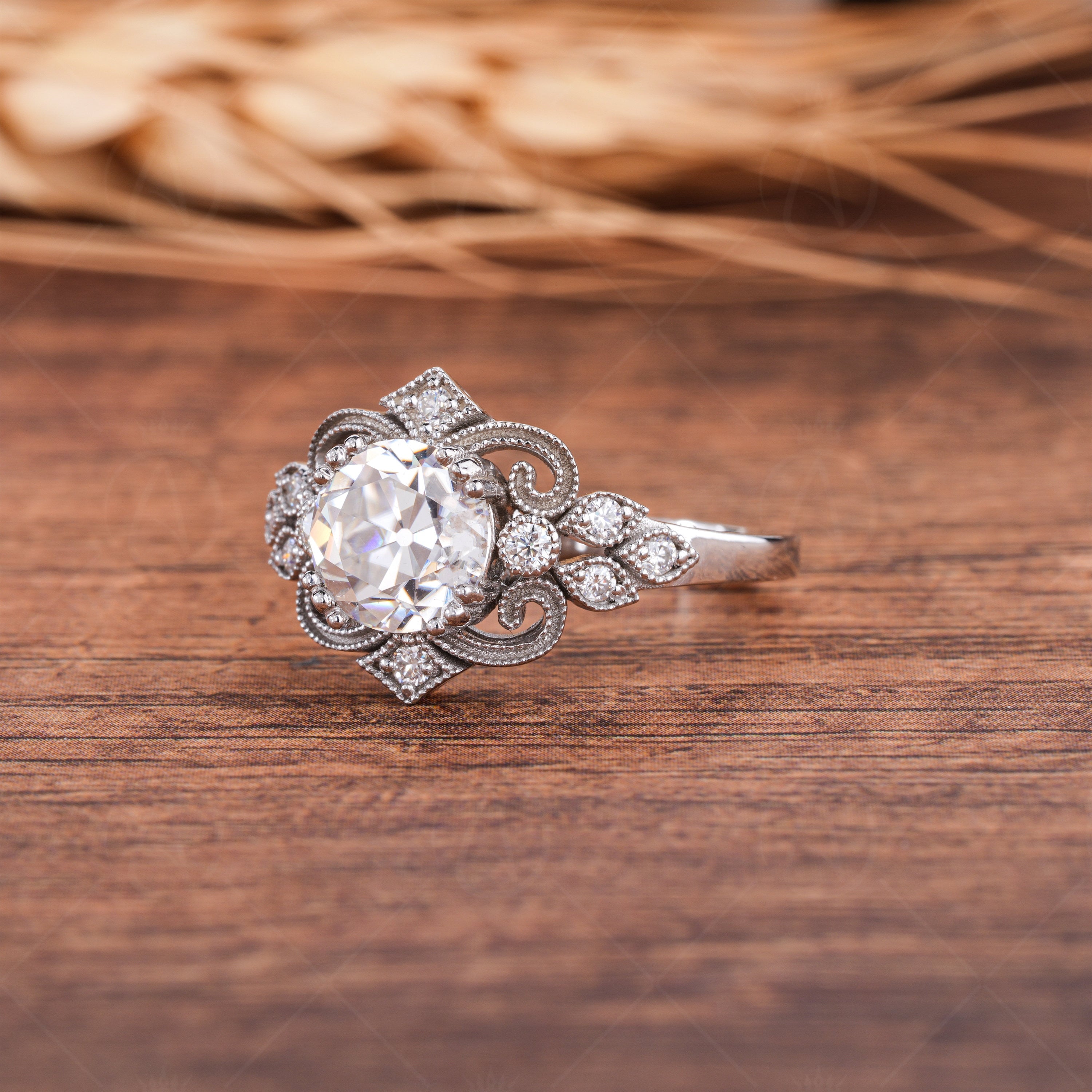 Antique Old Mine Cut Round Moissanite Ring, Vintage Filigree Engagement Ring, Old European Cut Art Deco Ring, Victorian Style Unique Ring, OMC Moissanite Diamond Ring, OEC Moissanite Ring, Art Deco Ring, Anniversary Ring