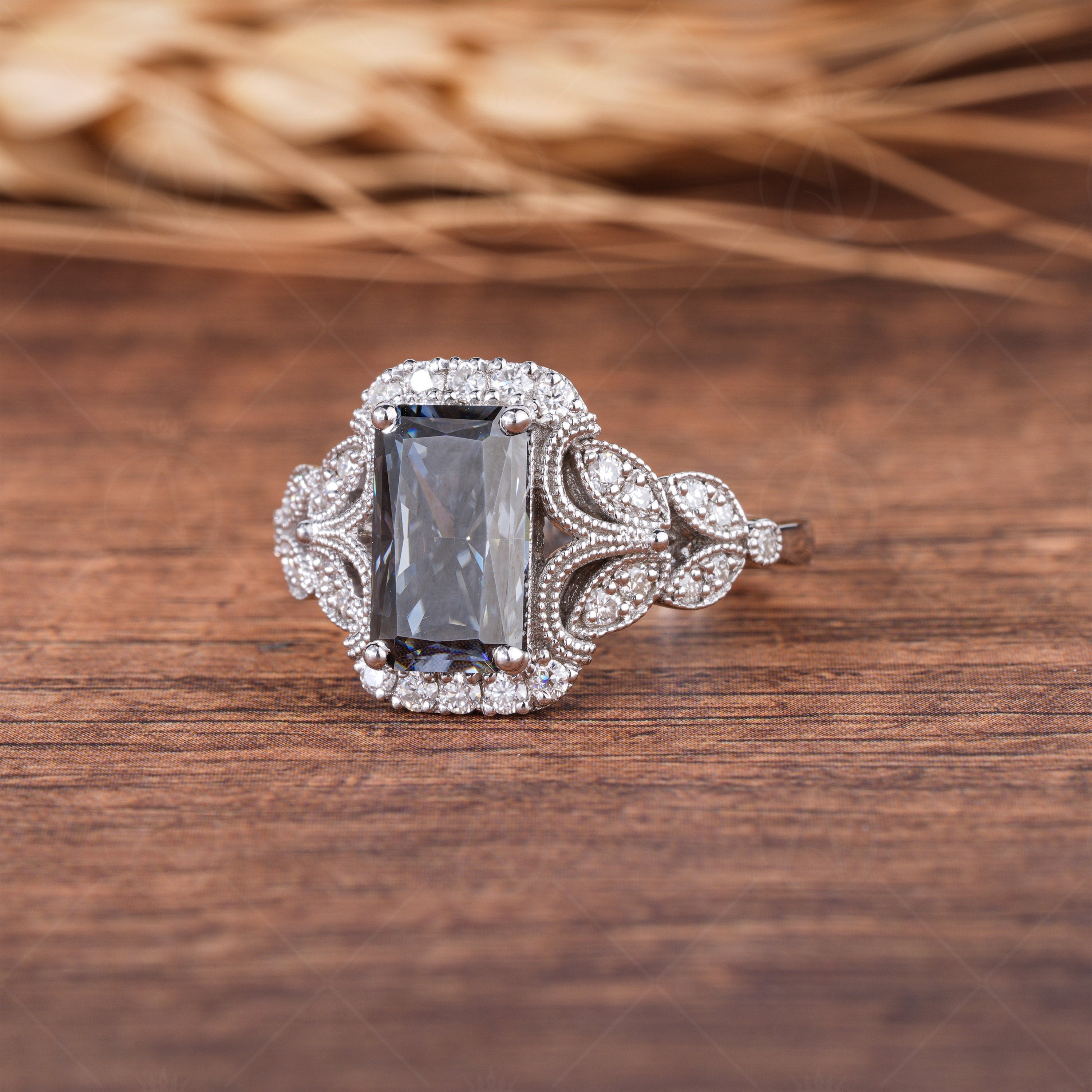 Long Radiant Cut Grey Moissanite Engagement Ring, Antique Vintage Filigree Ring, Gray Moissanite Art Deco Milgrain Ring, Anniversary Rings