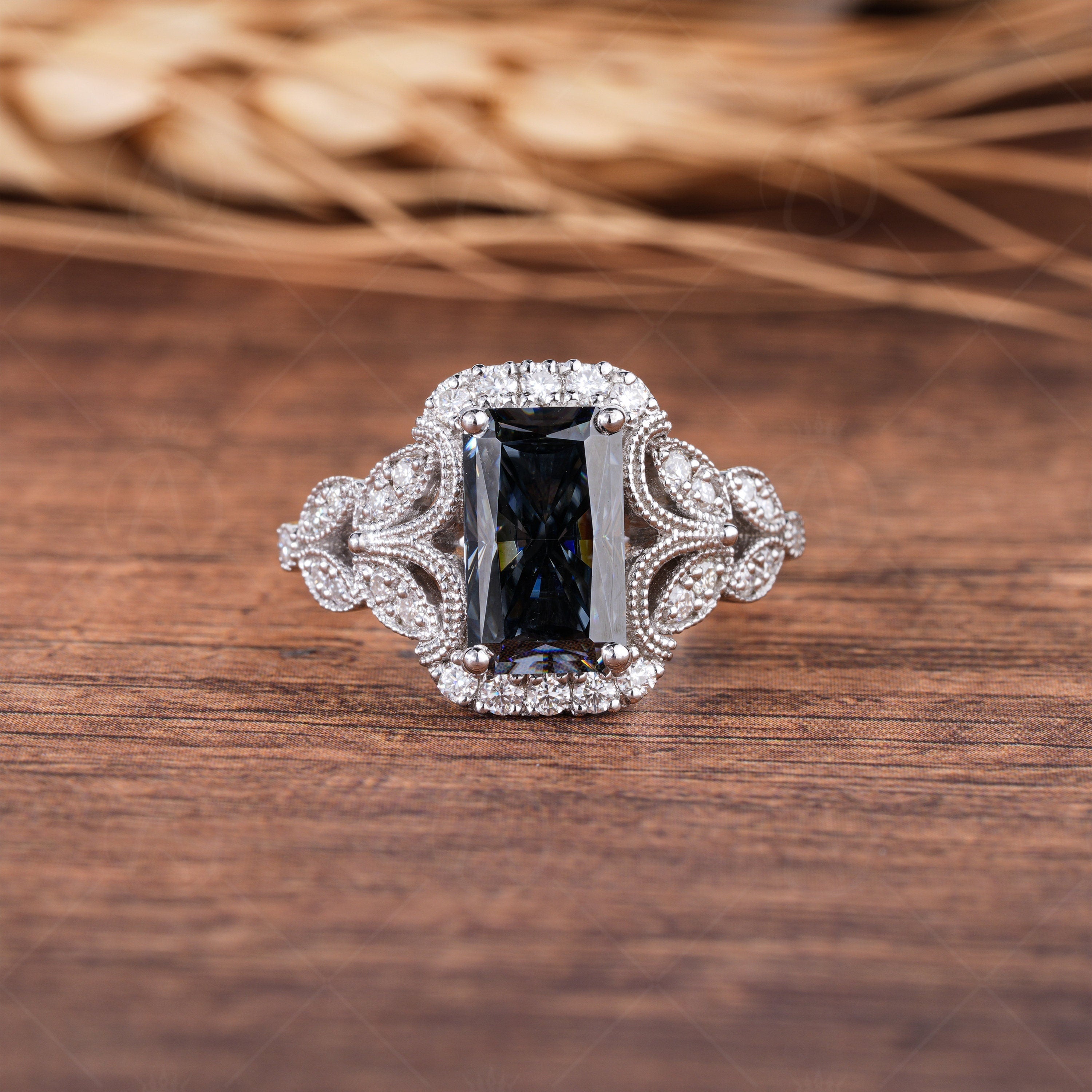 Long Radiant Cut Grey Moissanite Engagement Ring, Antique Vintage Filigree Ring, Gray Moissanite Art Deco Milgrain Ring, Anniversary Rings