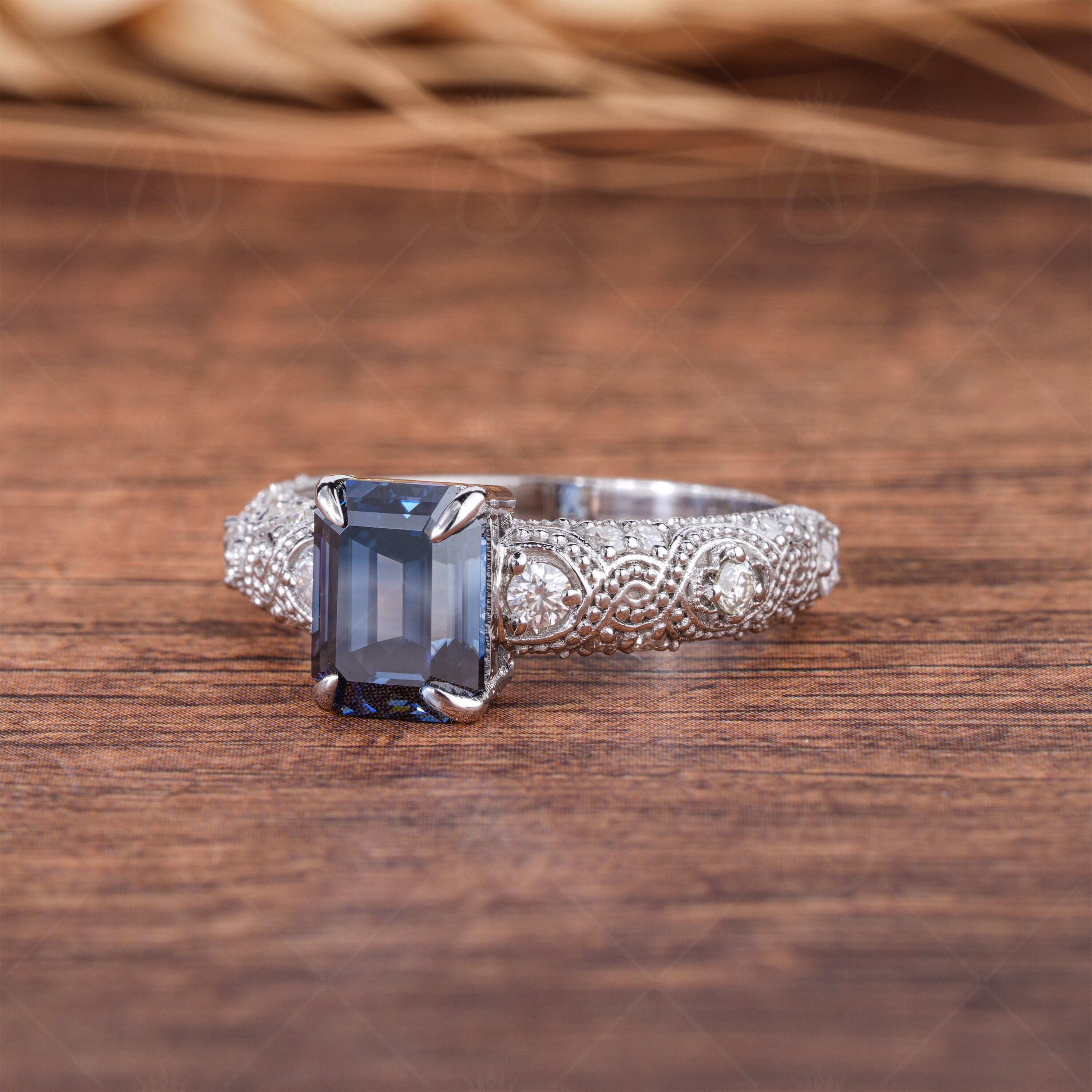 Blue Emerald Cut Moissanite Solitaire Engagement Ring, Antique Vintage Filigree Ring, Unique Art Deco Ring For Women, Milgrain Ring