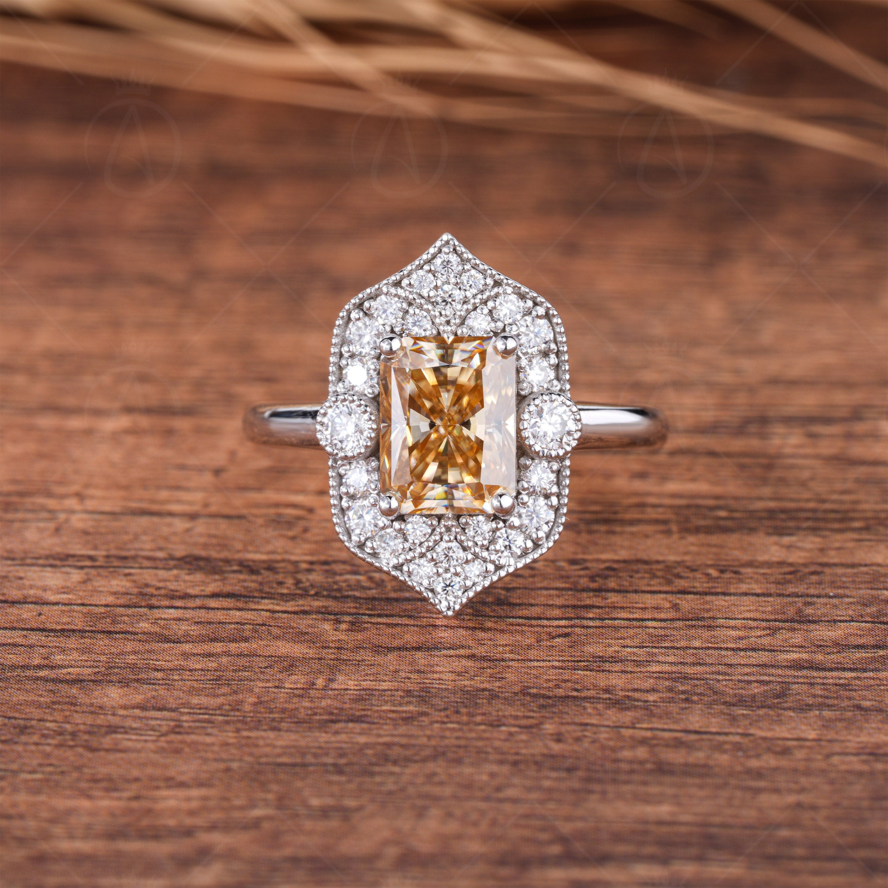 Art Deco Vintage Engagement Rings For Women, 2.50 Ct Champagne Color Radiant Cut Ring, Unique Vintage Milgrain Ring, Anniversary Ring
