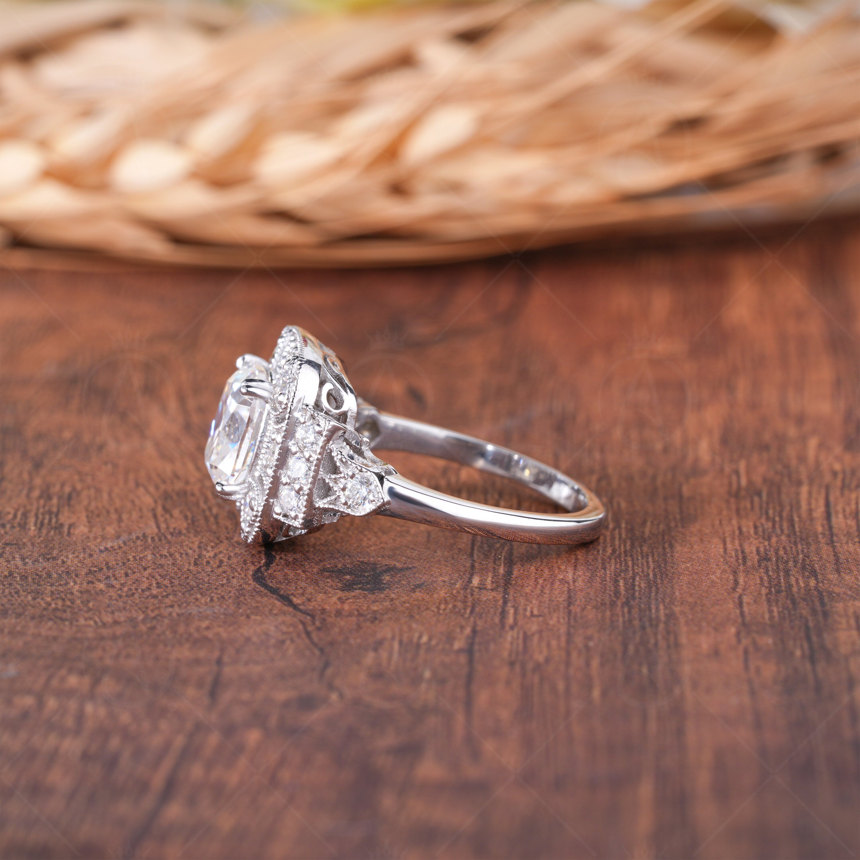 Victorian Style Edwardian Moissanite Engagement Ring, Antique Old Mine Cut Cushion Cut Ring, OEC Moissanite Vintage Ring, Milgrain Ring
