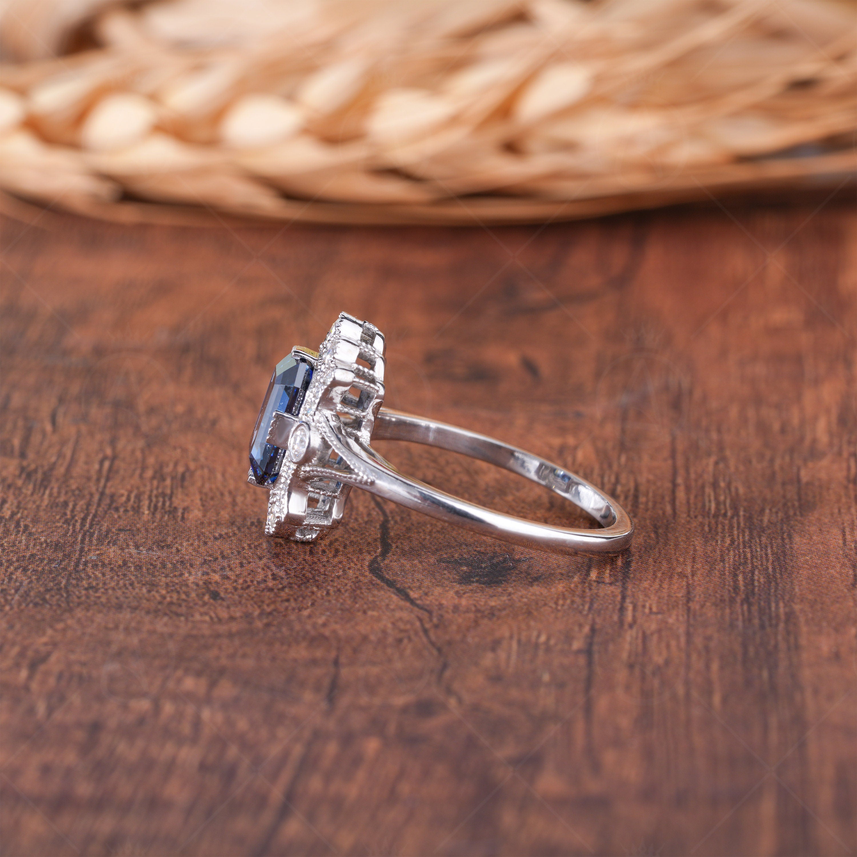 Blue Emerald Cut Moissanite Halo Engagement Ring, Electric Blue Moissanite Ring, Art Deco Anniversary Rings For Women, Vintage Milgrain Ring