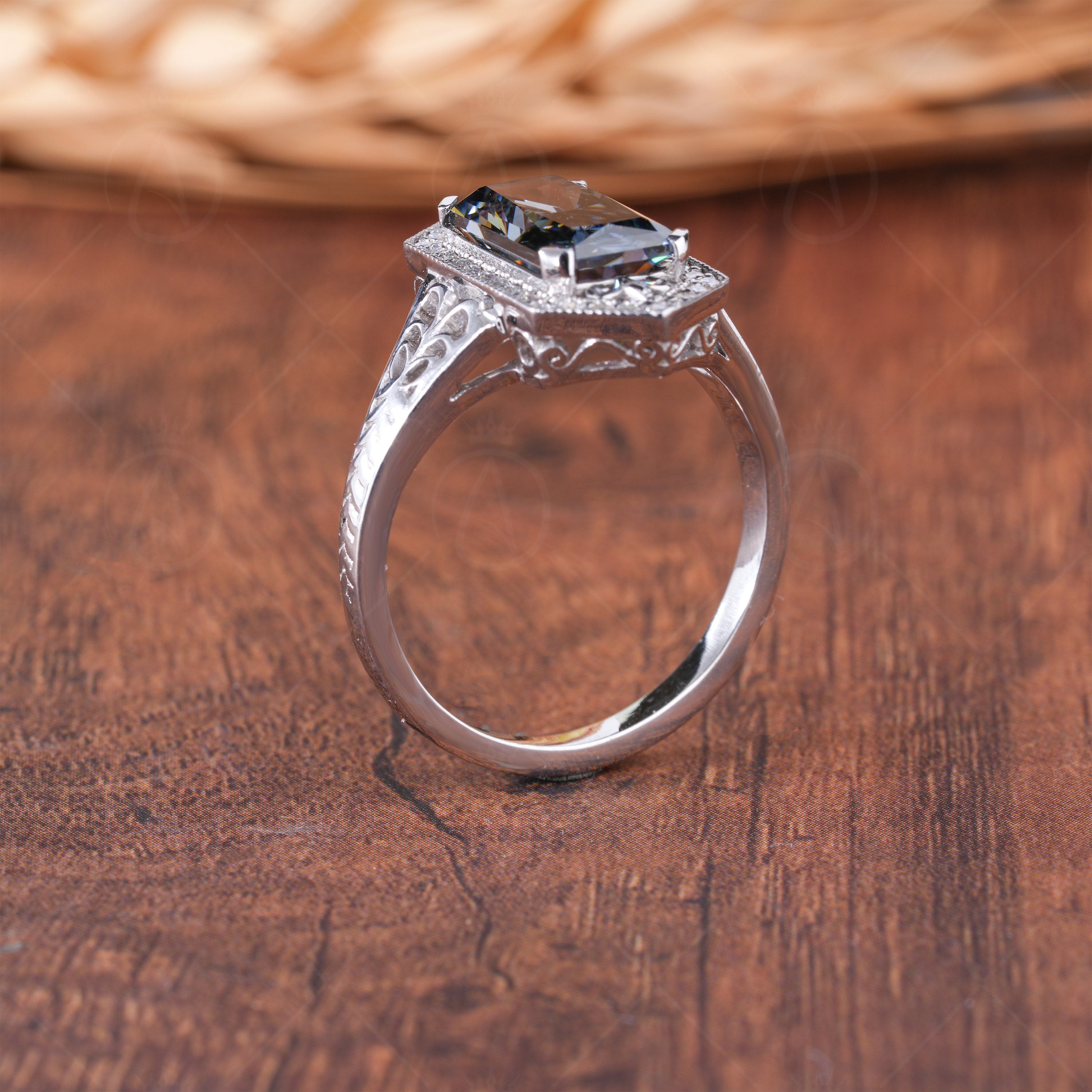 Hexagon Shape Filigree Engagement Ring, Grey Elongated Radiant Cut Moissanite Halo Ring, Unique Art Deco Rings For Women, Gray Stone Ring