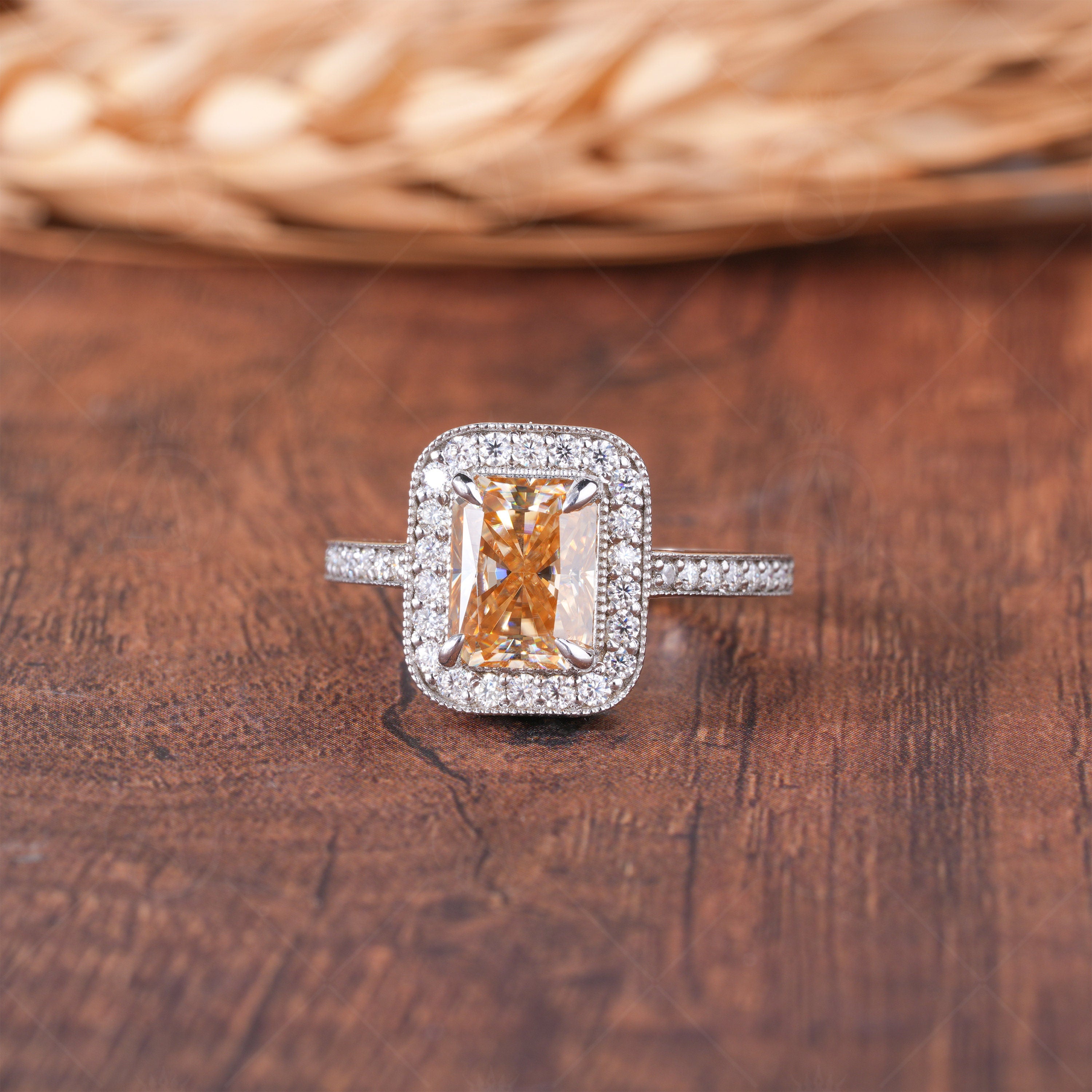 Champagne Color Radiant Cut Halo Engagement Ring, Art Deco Milgrain Moissanite Rings For Women, Unique Estate Jewelry Rings, Vintage Halo Ring, Brown Color Stone Ring