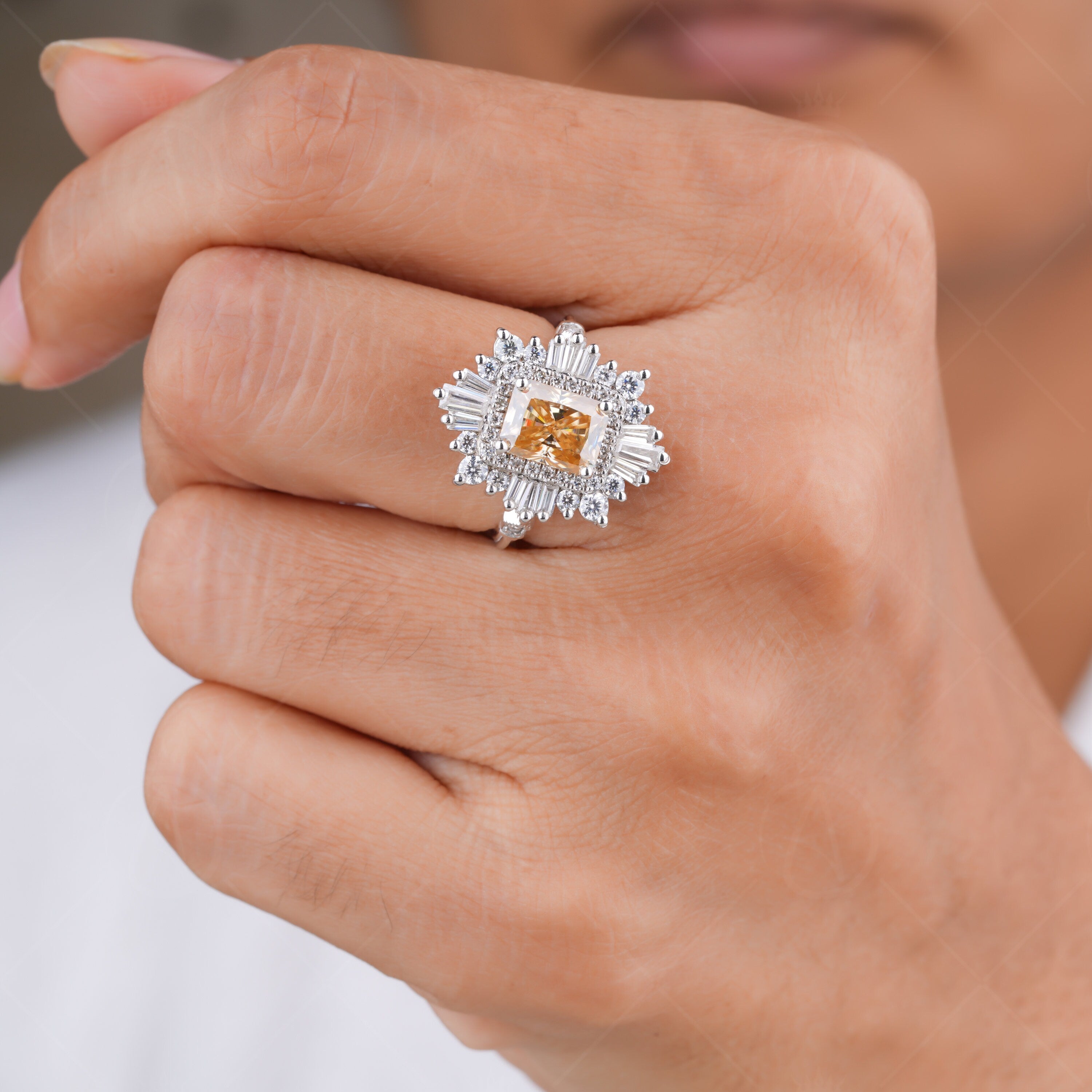 Vintage Inspired Art Deco Sunburst Engagement Ring, Gatsby Champagne Moissanite Ring, Unique Double Halo Statement Jewelry For Women