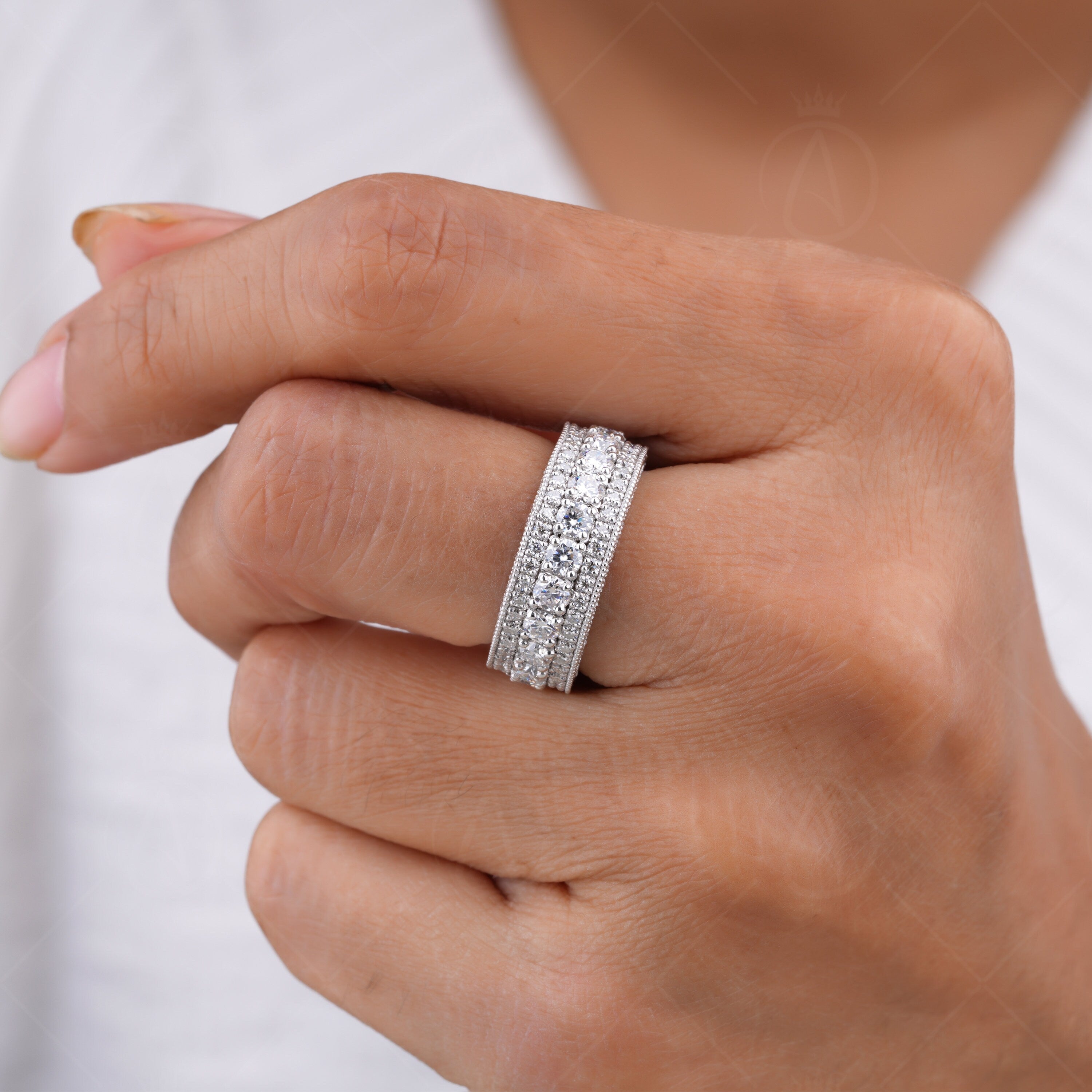 Milgrain Wide Band Rings For Women, 3 Sided Moissanite Anniversary Rings, Unique Moissanite Wedding Band, Butterfly Promise Ring For Her