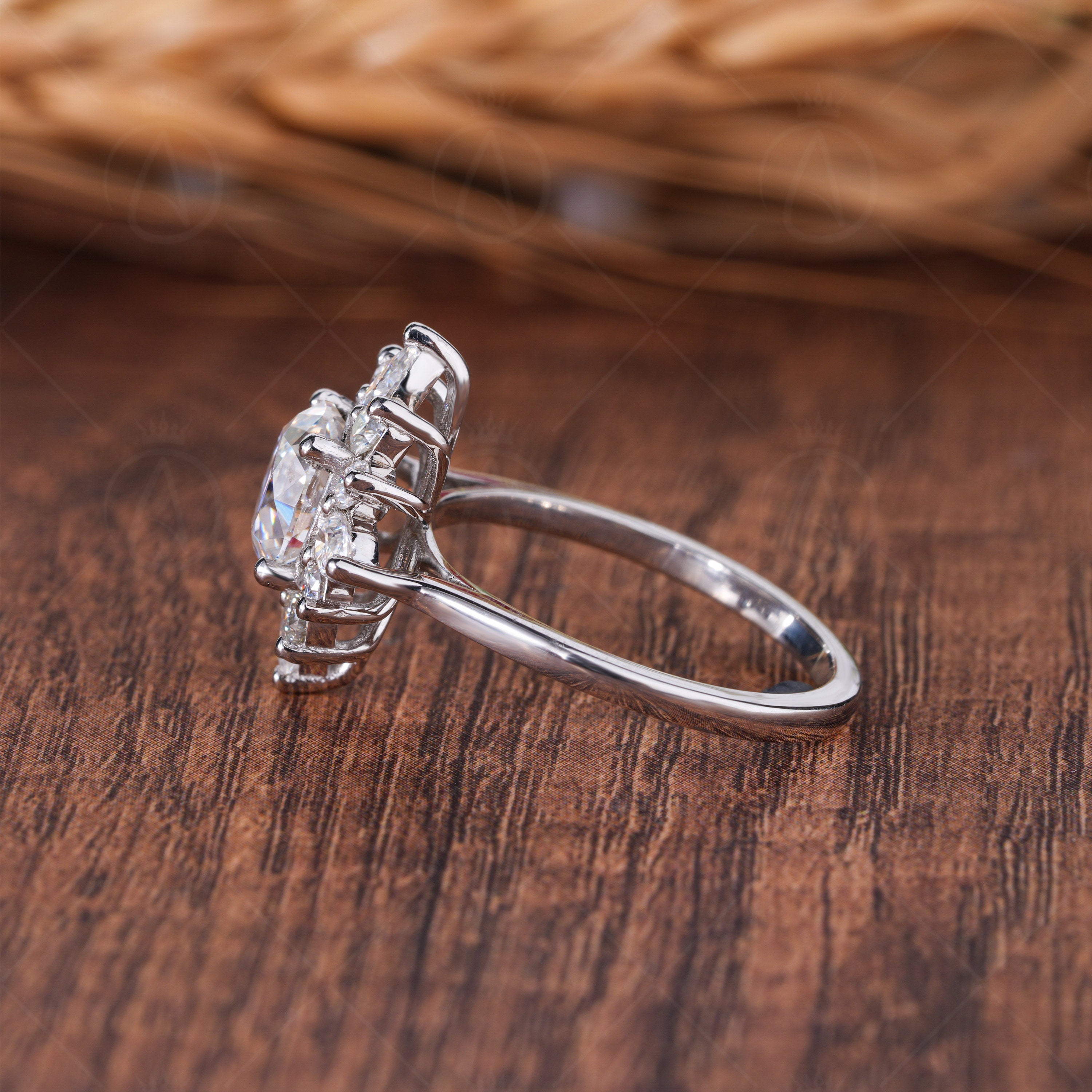 Unique Starburst Engagement Ring, Antique Old European Cut Moissanite Halo Ring, Nature Inspired Flower Ring, Gatsby Wedding Ring For Women