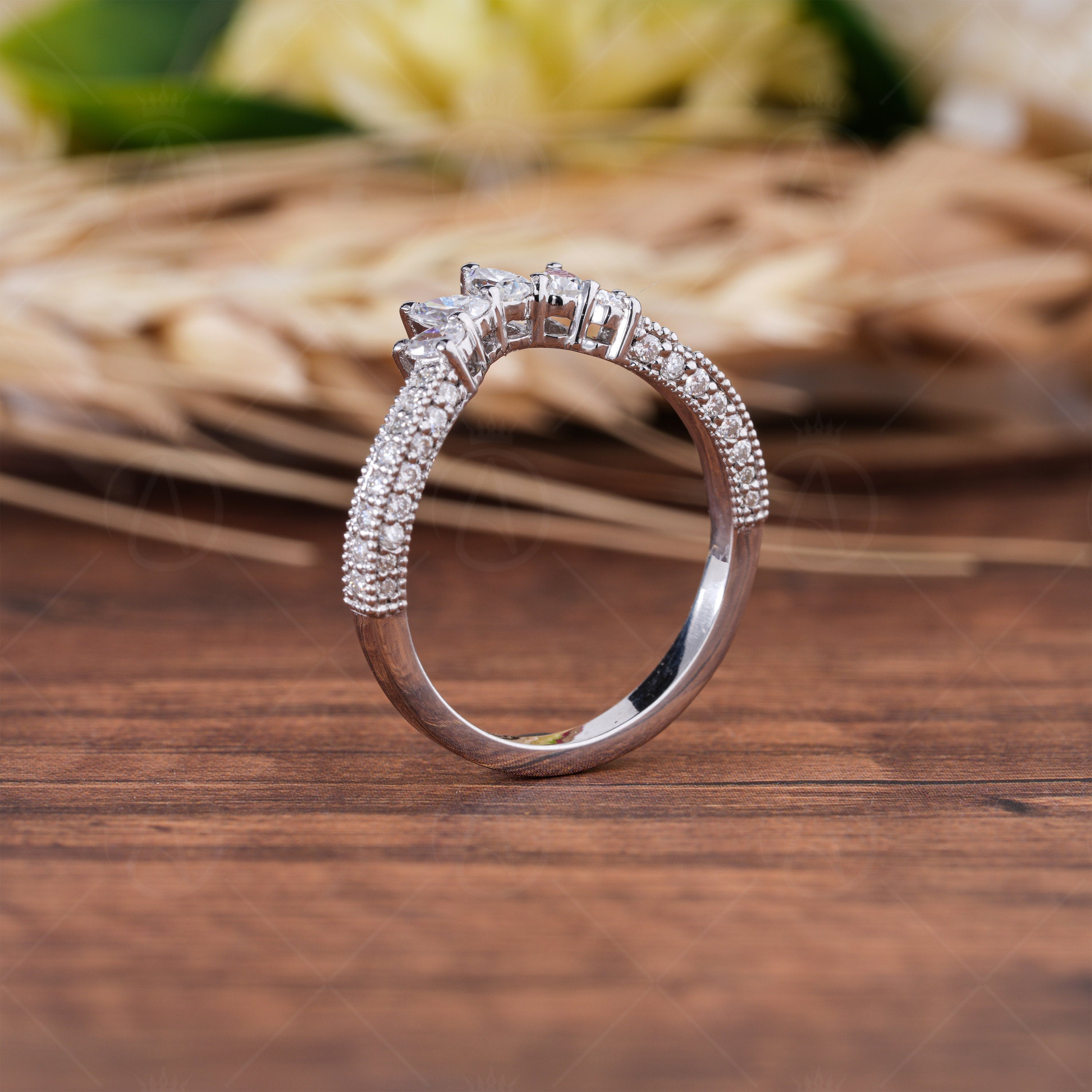 Contoured Wedding Bands Women, Milgrain Curved Stacking Ring, Pear Moissanite Matching Band, Nesting Anniversary Rings, Promise Ring For Her