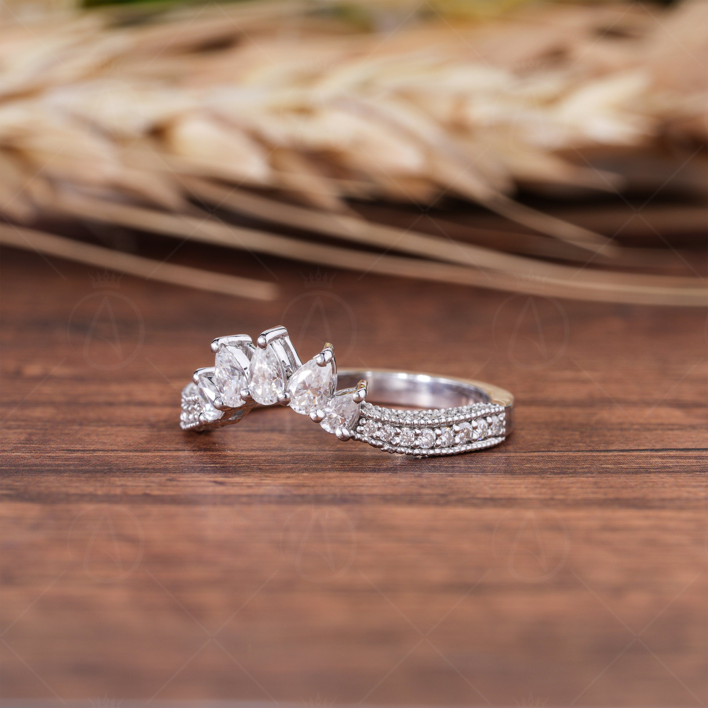 Contoured Wedding Bands Women, Milgrain Curved Stacking Ring, Pear Moissanite Matching Band, Nesting Anniversary Rings, Promise Ring For Her