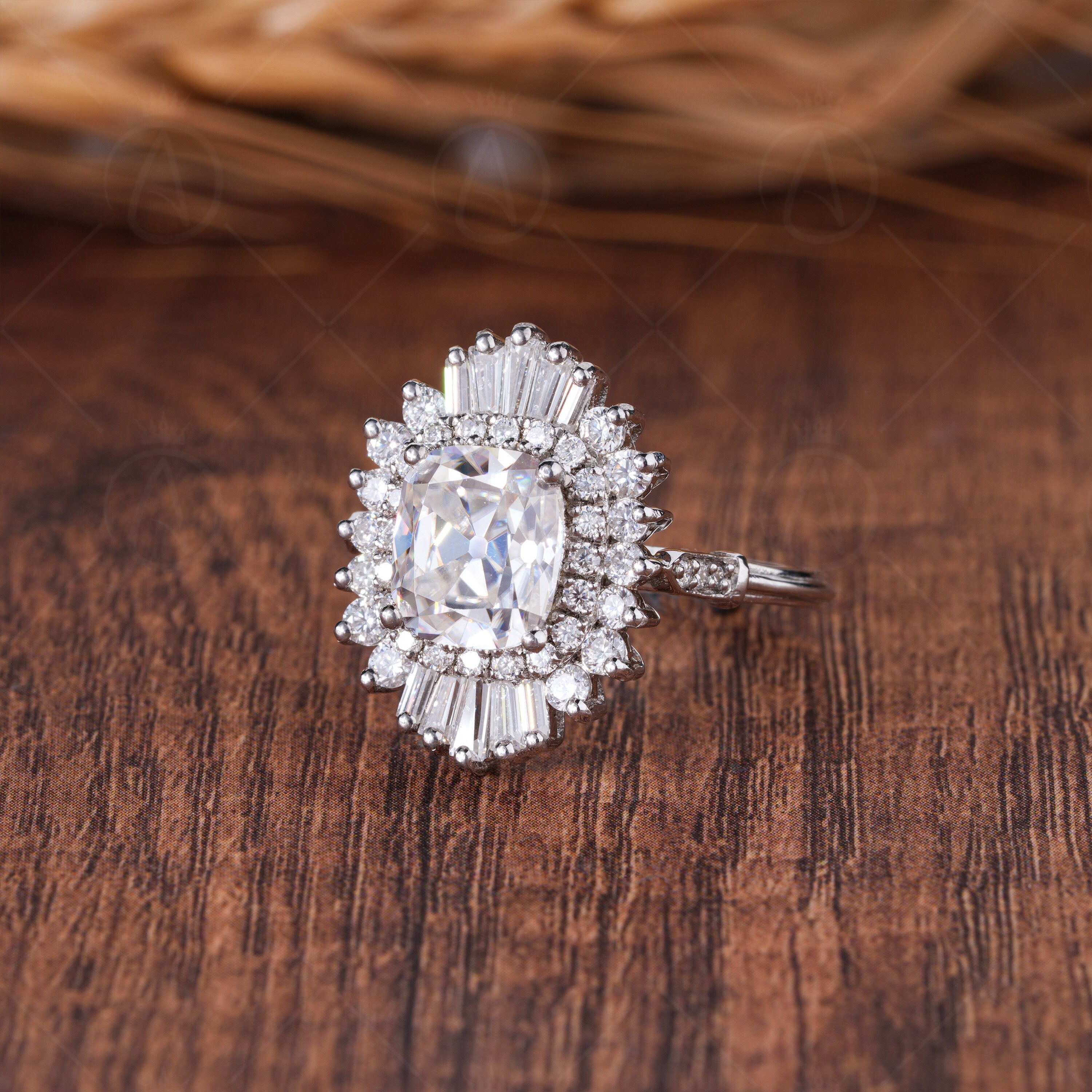 Antique Vintage Old European Cut Moissanite Ring, Double Halo Gatsby Engagement Ring, Ballerina Inspired Ring For Women, Art Deco Ring