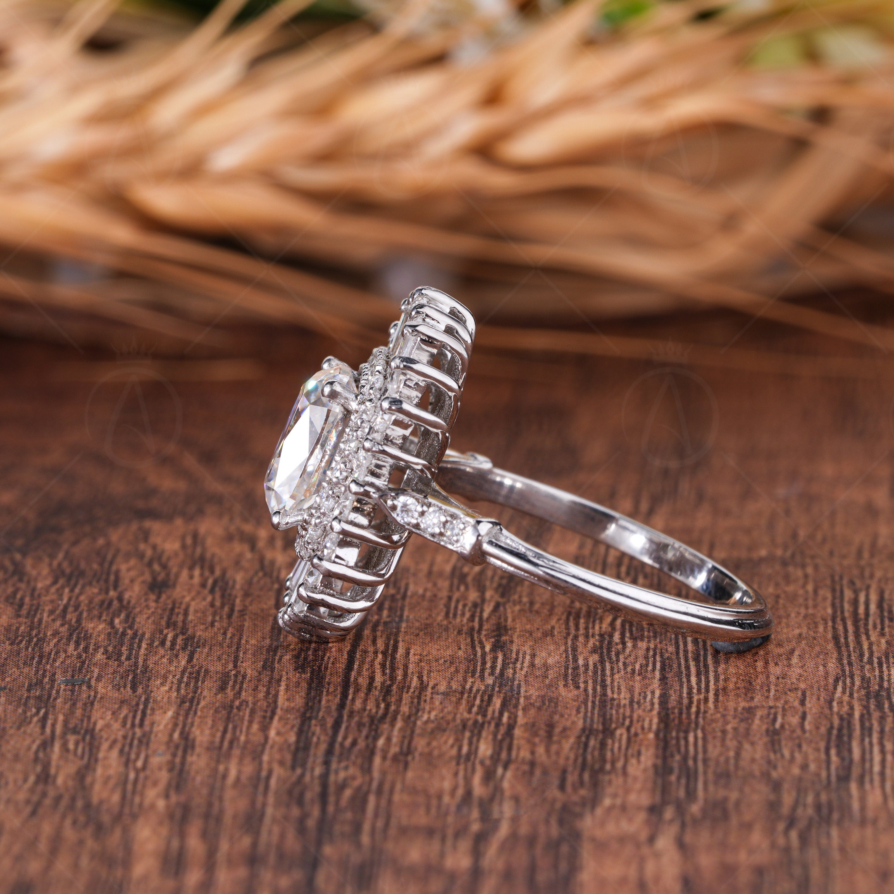 Antique Vintage Old European Cut Moissanite Ring, Double Halo Gatsby Engagement Ring, Ballerina Inspired Ring For Women, Art Deco Ring