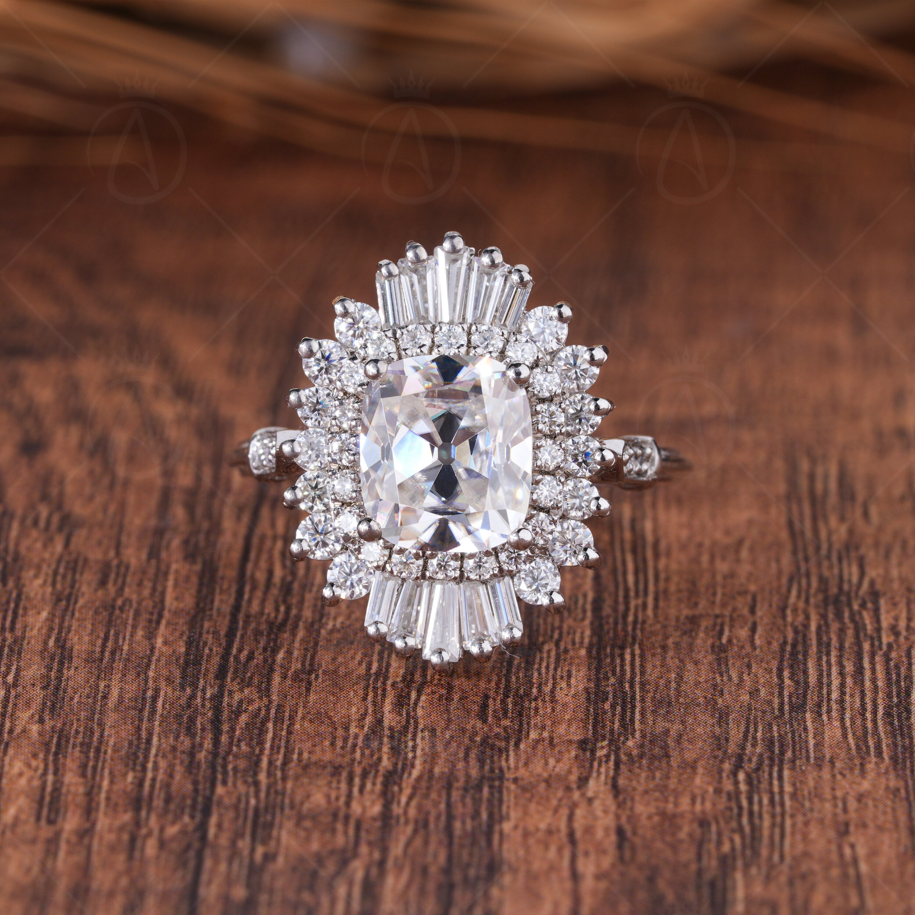 Antique Vintage Old European Cut Moissanite Ring, Double Halo Gatsby Engagement Ring, Ballerina Inspired Ring For Women, Art Deco Ring