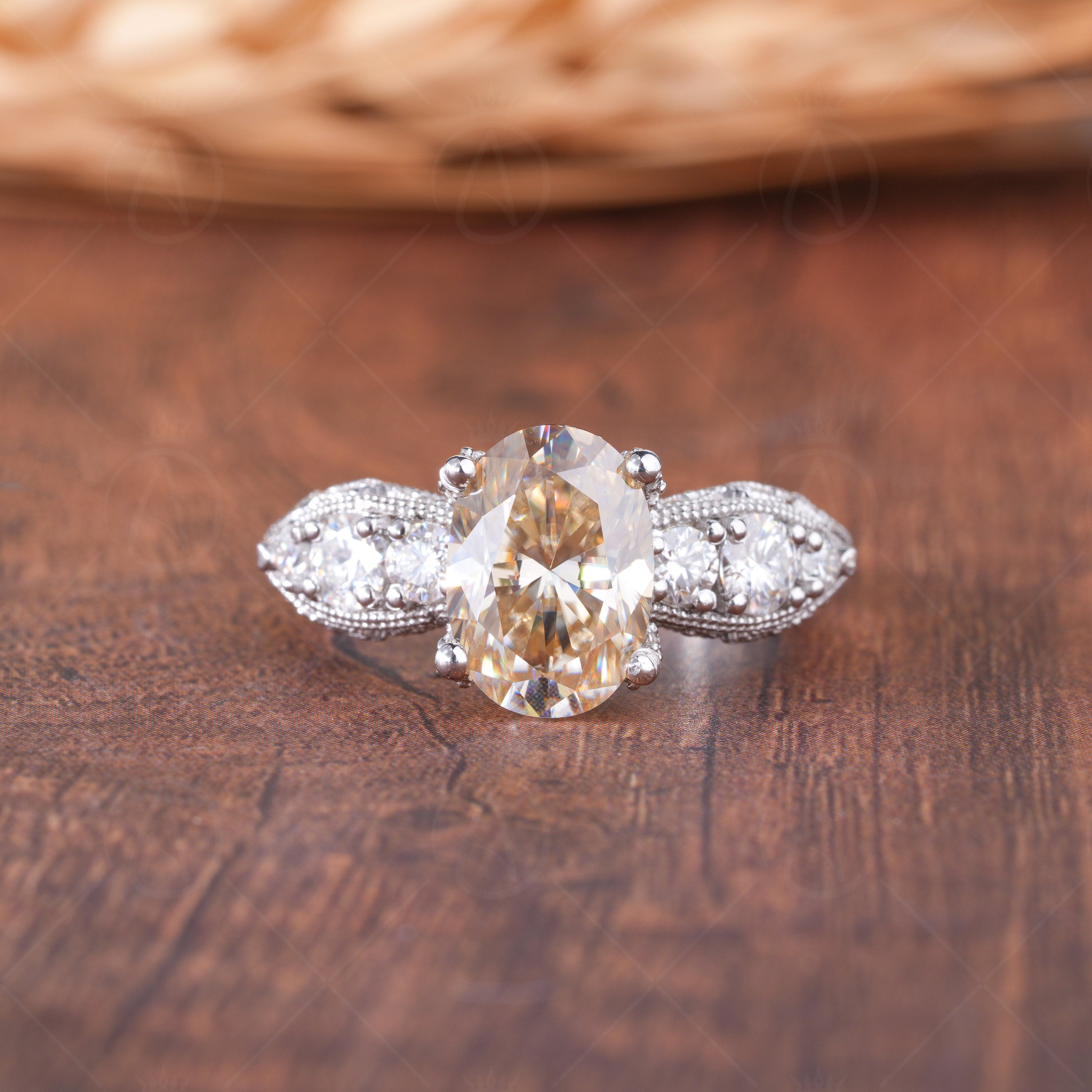 Yellow Oval Moissanite Vintage Inspired Engagement Ring For Women