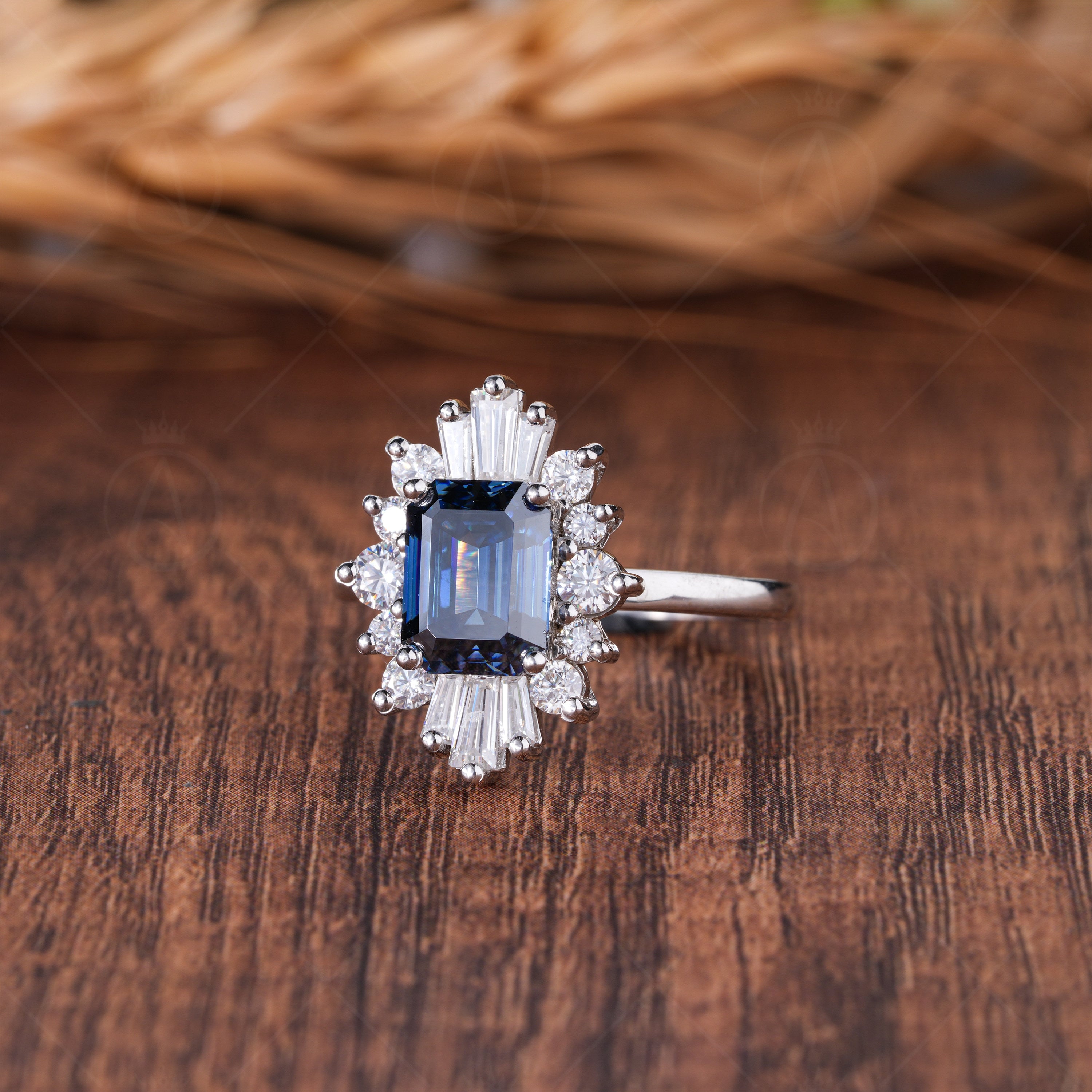 Blue Emerald Cut Moissanite Halo Engagement Ring, Art Deco Starburst Ring For Women, Unique Gatsby Inspired Ring, Promise Ring For Her