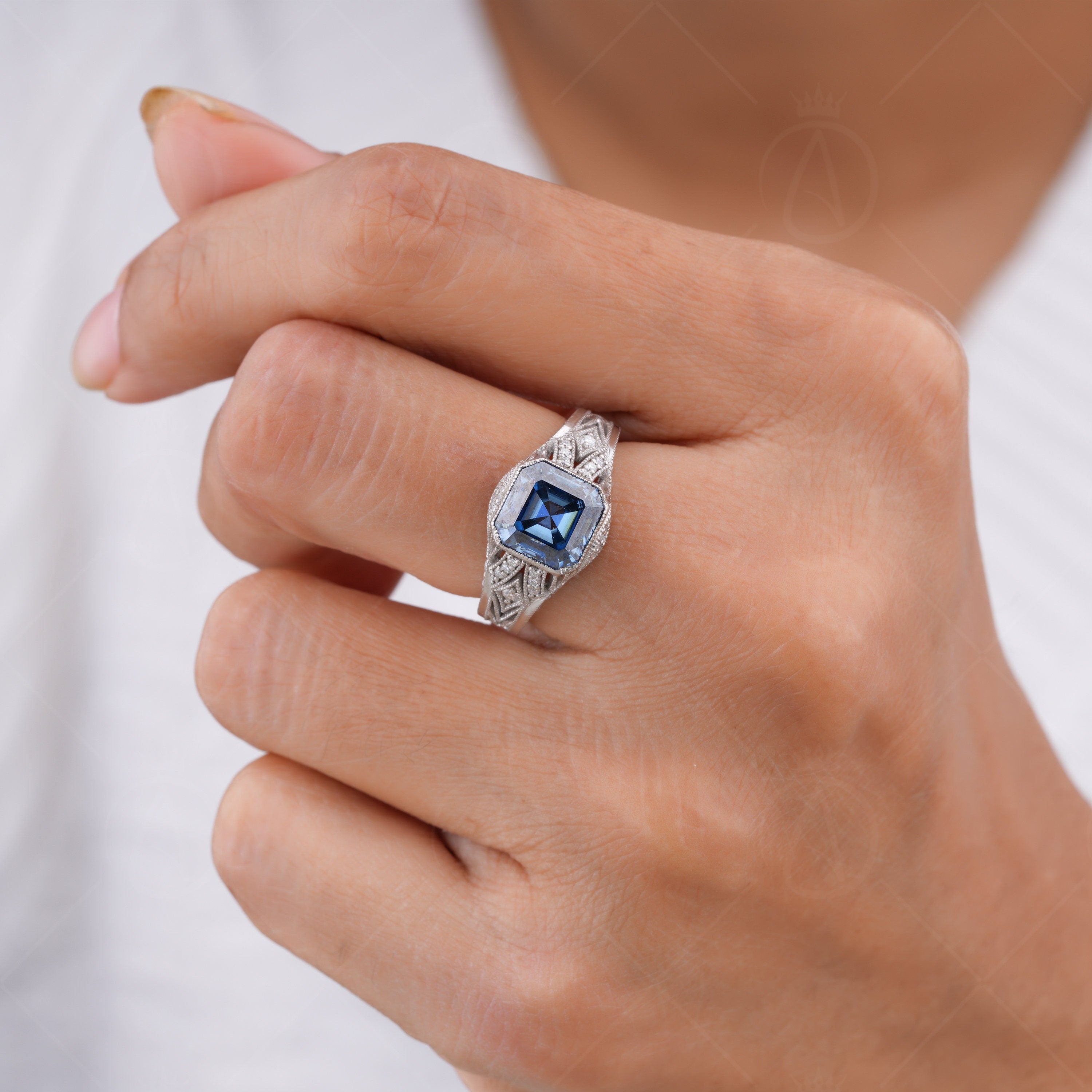 Electric Blue Asscher Cut Moissanite Art Deco Ring, Vintage Filigree Engagement Ring, September Birthstone Ring, Estate Milgrain Ring, Edwardian Inspired Victorian Ring, Estate Jewelry For Women