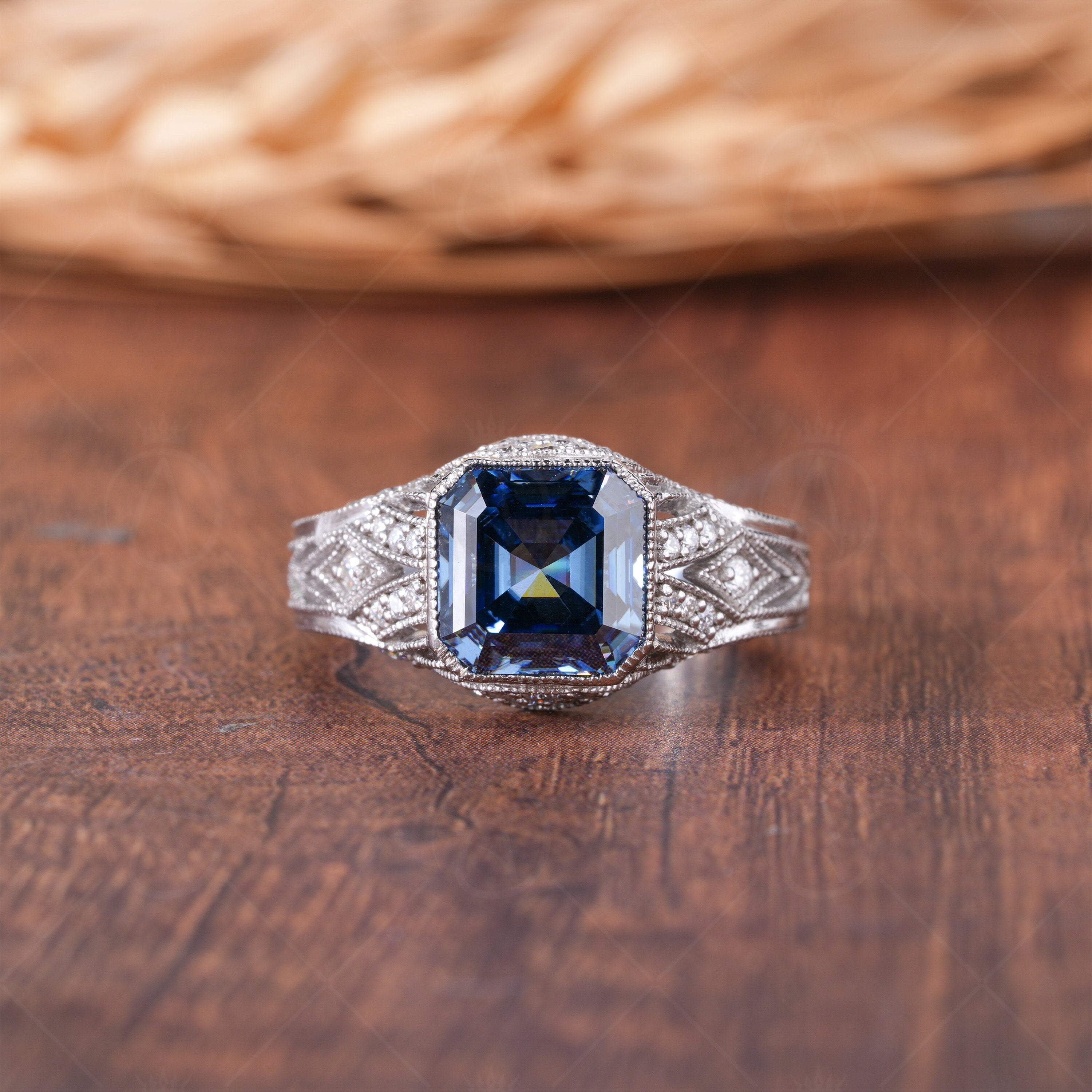 Electric Blue Asscher Cut Moissanite Art Deco Ring, Vintage Filigree Engagement Ring, September Birthstone Ring, Estate Milgrain Ring, Edwardian Inspired Victorian Ring, Estate Jewelry For Women