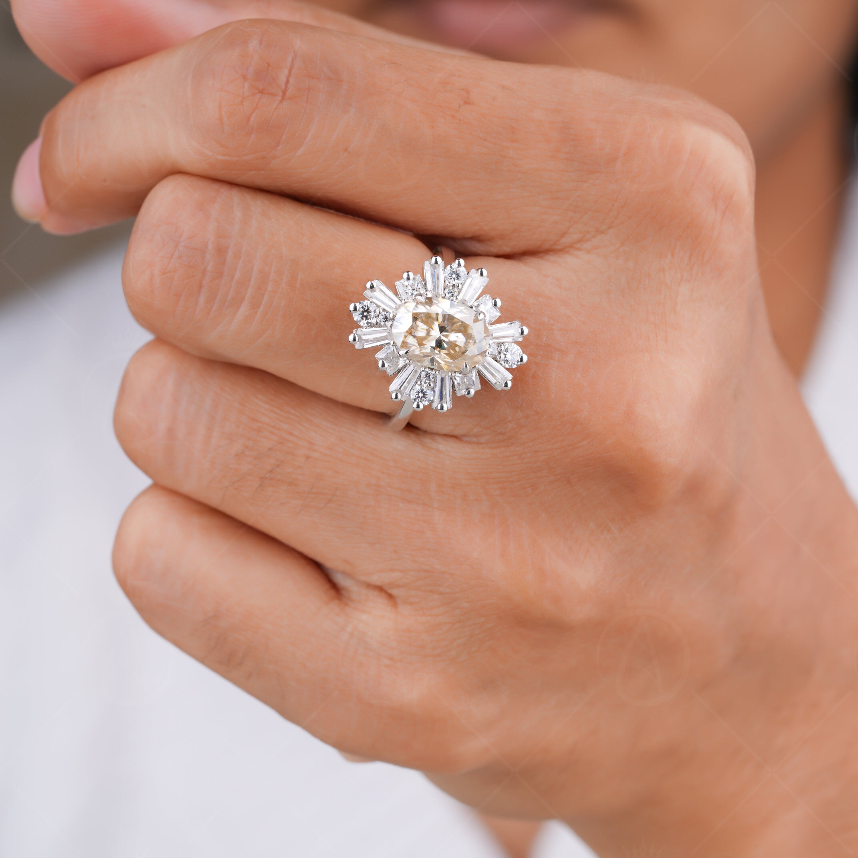 Unique Starburst Engagement Ring, Canary Yellow Oval Halo Moissanite Ring, Antique Vintage Rings For Women, Art Deco Gatsby Promise Ring