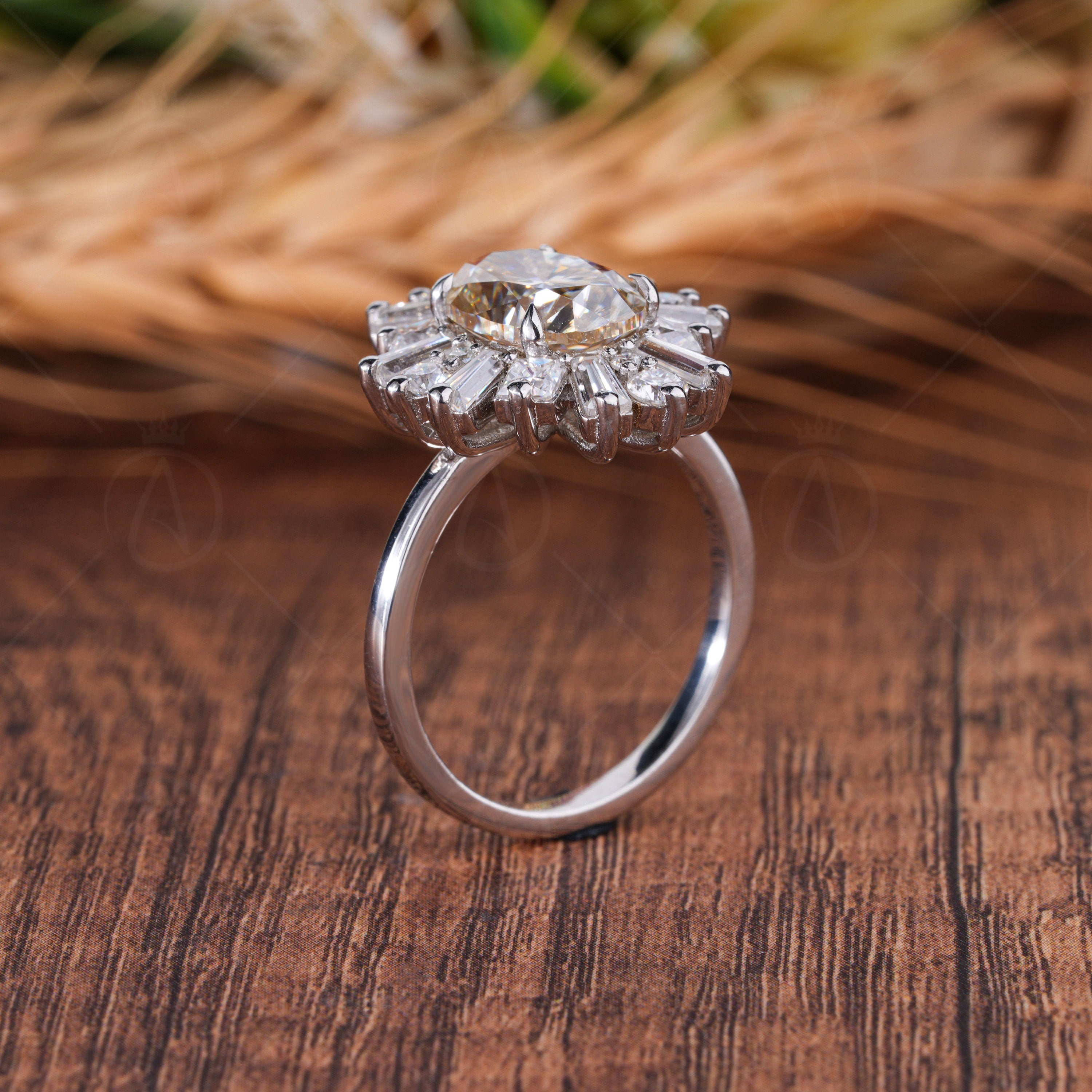 Unique Starburst Engagement Ring, Canary Yellow Oval Halo Moissanite Ring, Antique Vintage Rings For Women, Art Deco Gatsby Promise Ring