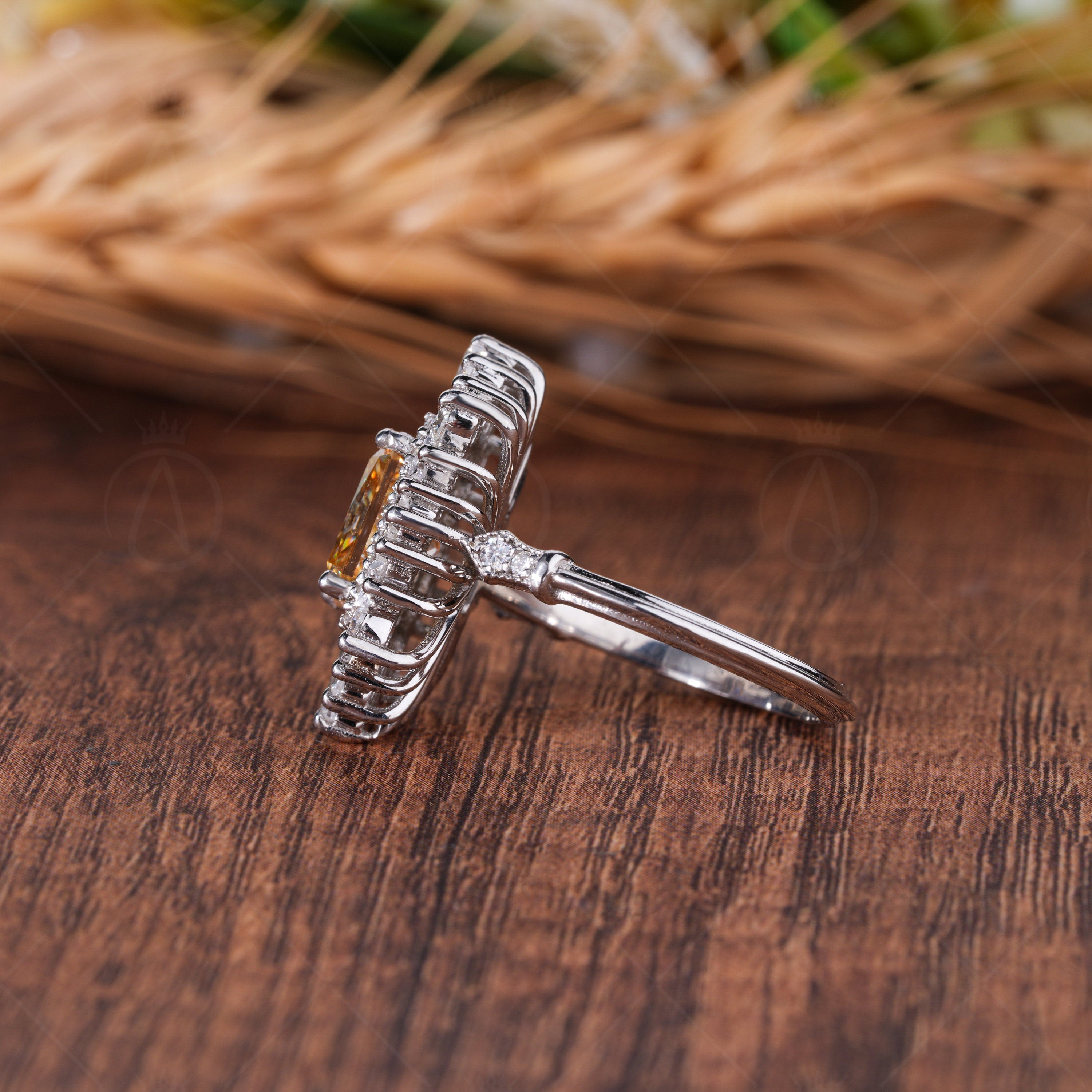 Vintage Inspired Art Deco Sunburst Engagement Ring, Gatsby Champagne Moissanite Ring, Unique Double Halo Statement Jewelry For Women