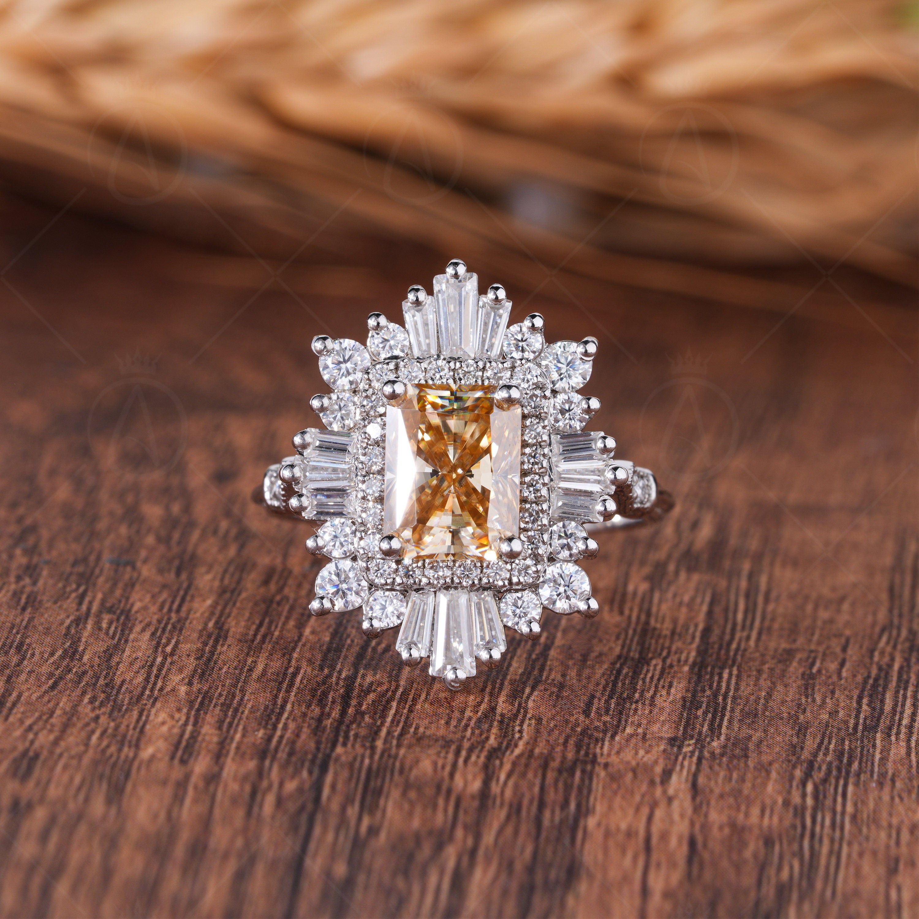 Vintage Inspired Art Deco Sunburst Engagement Ring, Gatsby Champagne Moissanite Ring, Unique Double Halo Statement Jewelry For Women