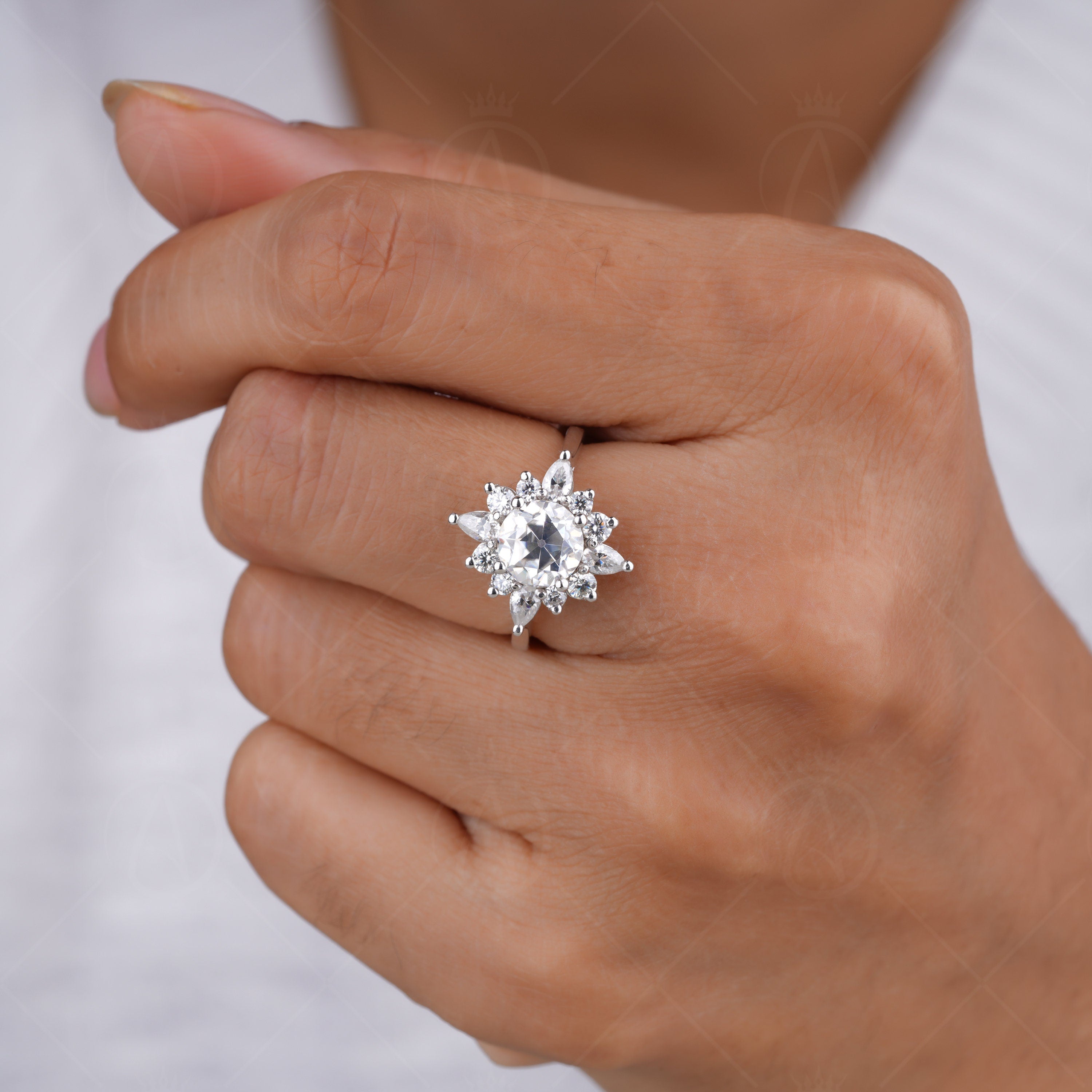 Unique Starburst Engagement Ring, Antique Old European Cut Moissanite Halo Ring, Nature Inspired Flower Ring, Gatsby Wedding Ring For Women