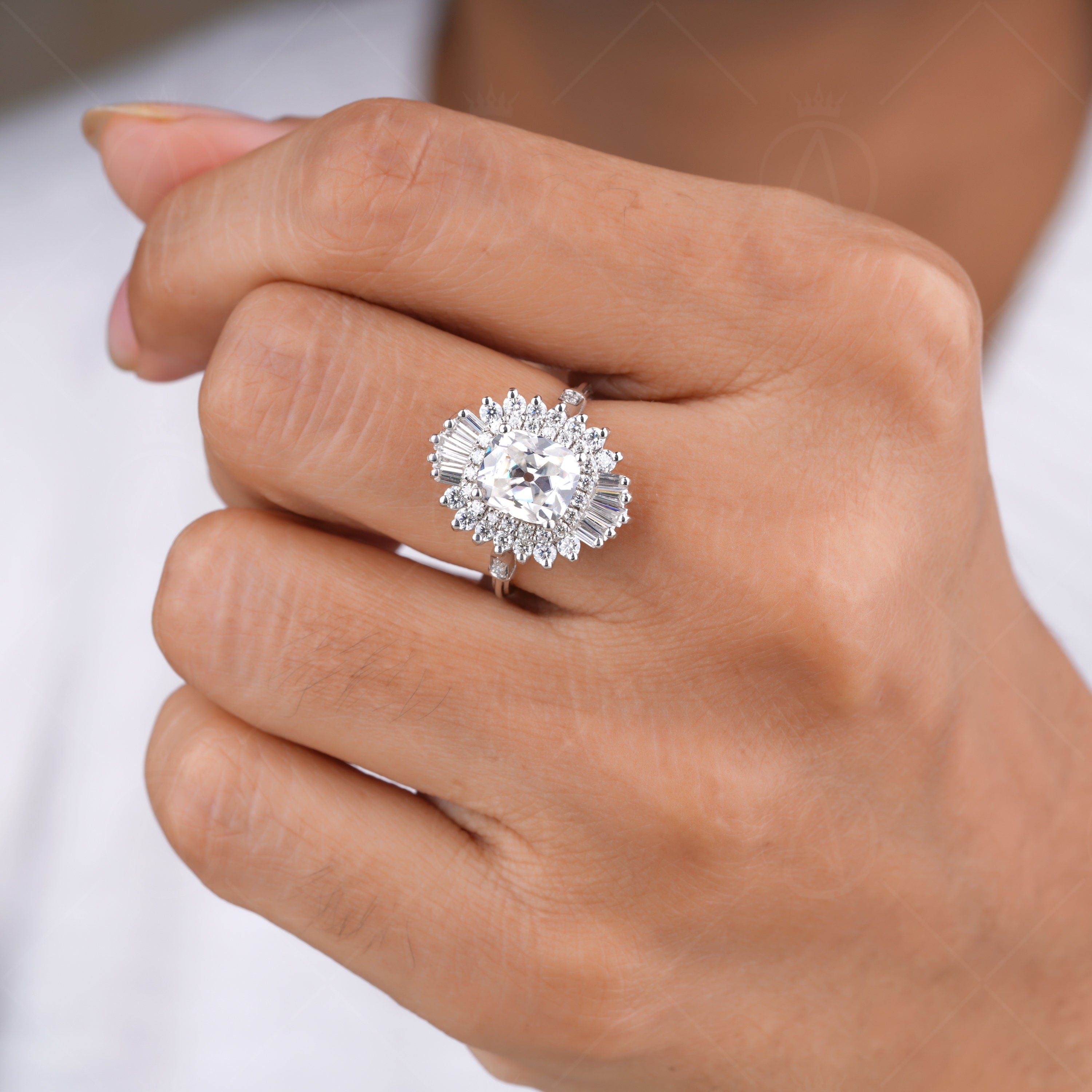 Antique Vintage Old European Cut Moissanite Ring, Double Halo Gatsby Engagement Ring, Ballerina Inspired Ring For Women, Art Deco Ring