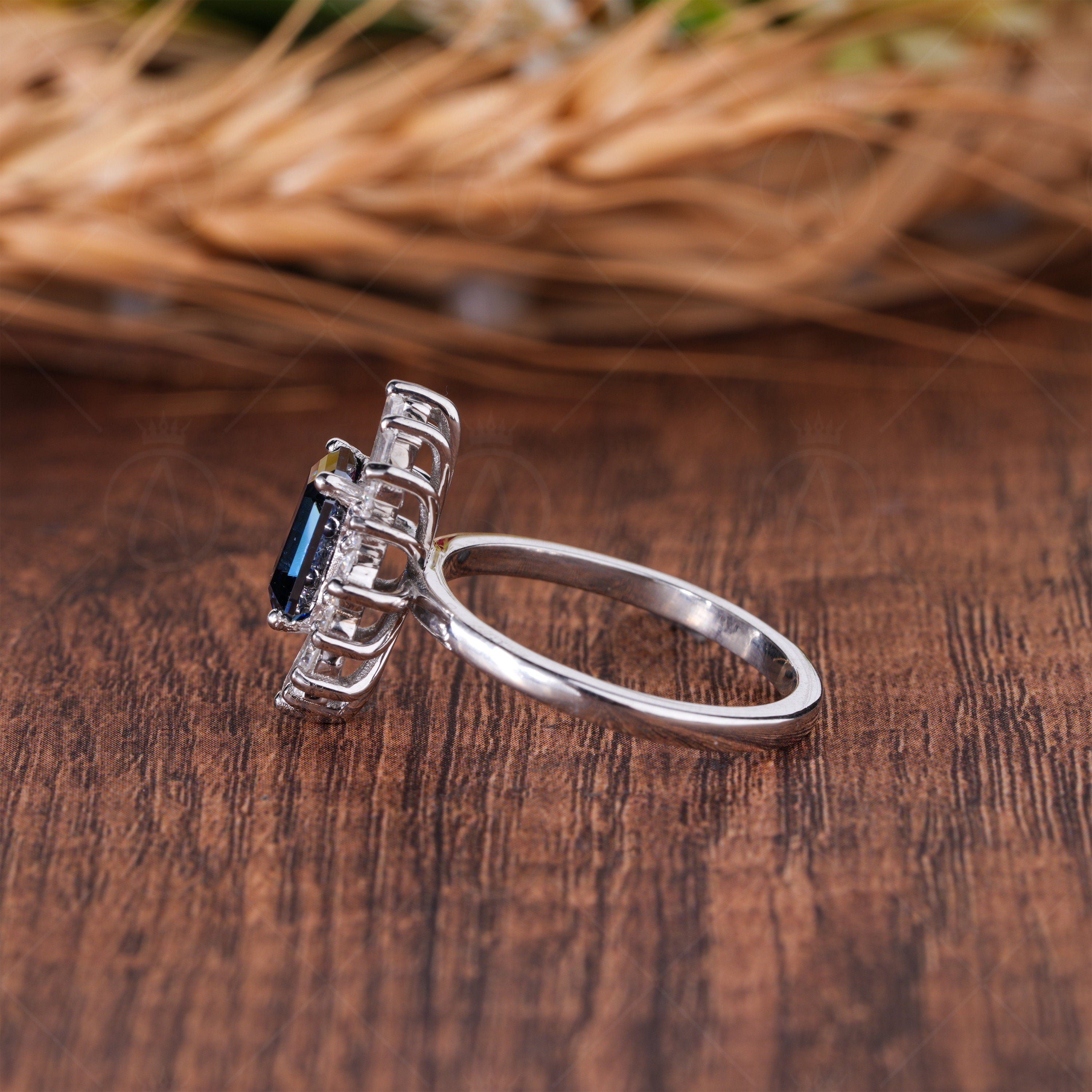 Blue Emerald Cut Moissanite Halo Engagement Ring, Art Deco Starburst Ring For Women, Unique Gatsby Inspired Ring, Promise Ring For Her