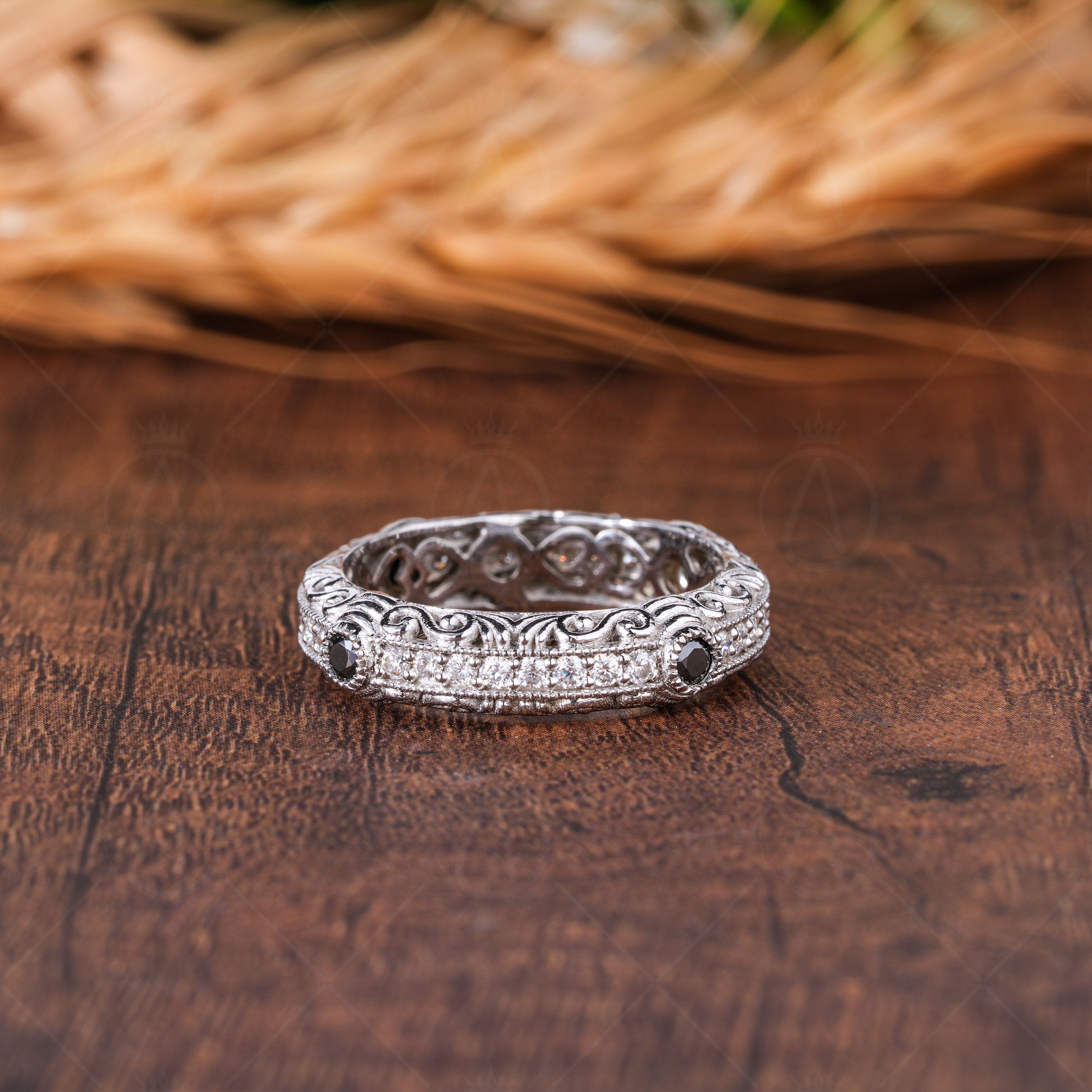 Antique Vintage Engraved Wedding Bands Women Unique Carved Estate Wedding Ring Anniversary Promise Band Moissanite Art Deco Band Handmade Statement Jewelry