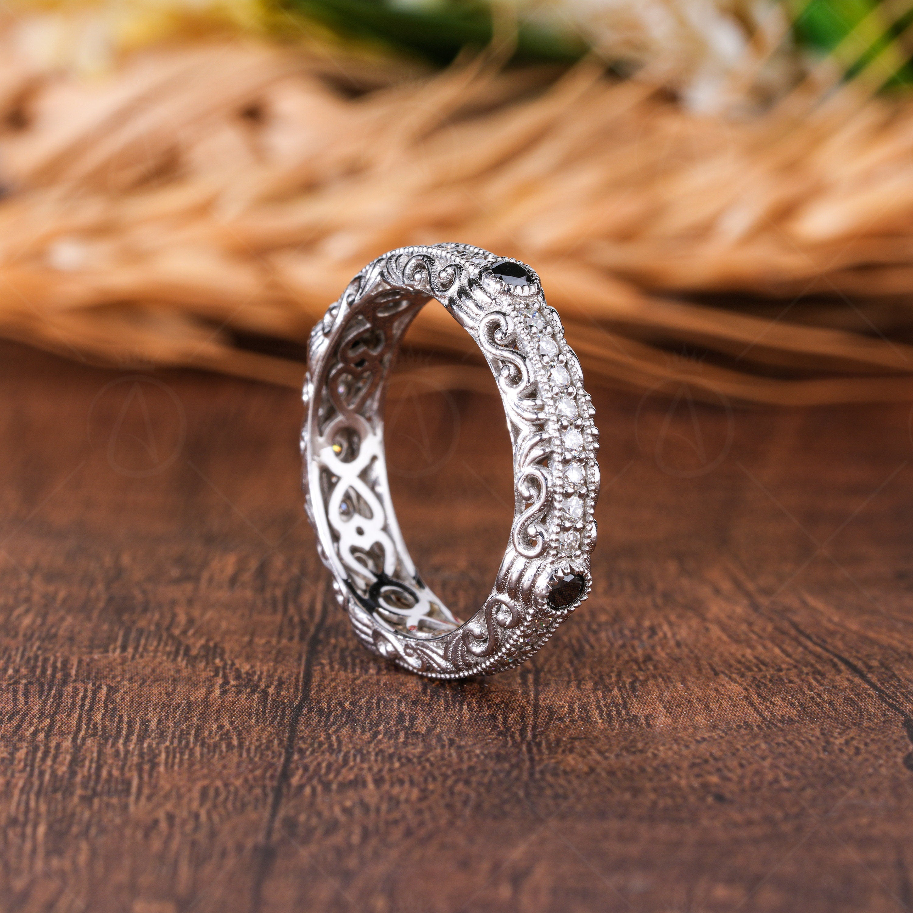 Antique Vintage Engraved Wedding Bands Women Unique Carved Estate Wedding Ring Anniversary Promise Band Moissanite Art Deco Band Handmade Statement Jewelry