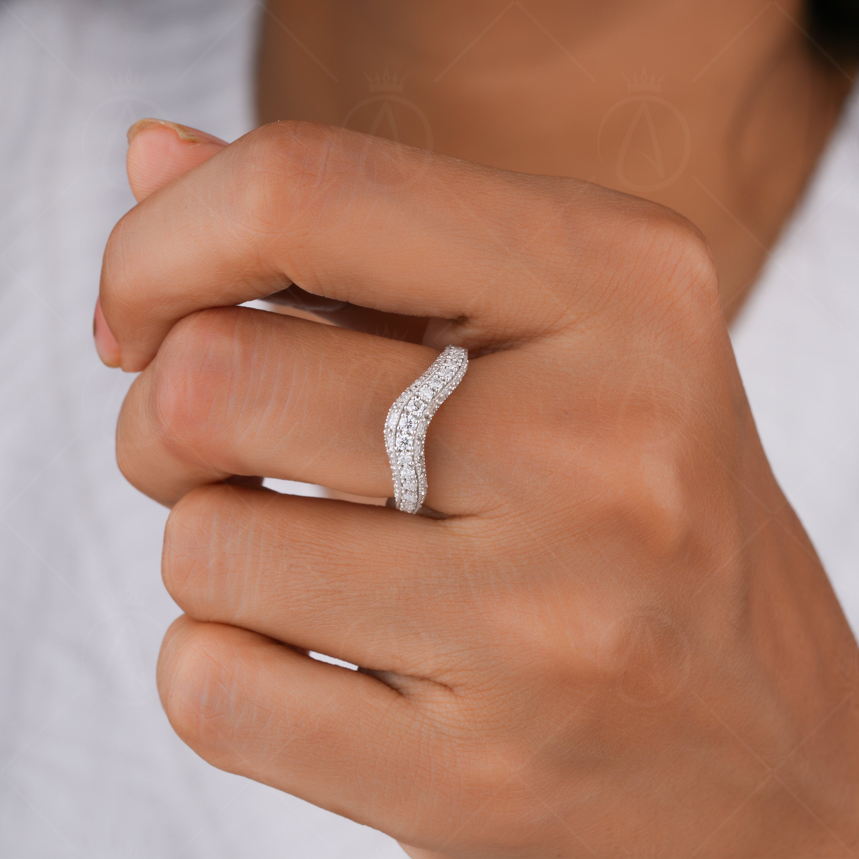 3 Sided Pave Contour Wedding Bands Women, Antique Vintage Curved Stacking Ring, Art Deco Moissanite Matching Band, Bridal Engraved Ring