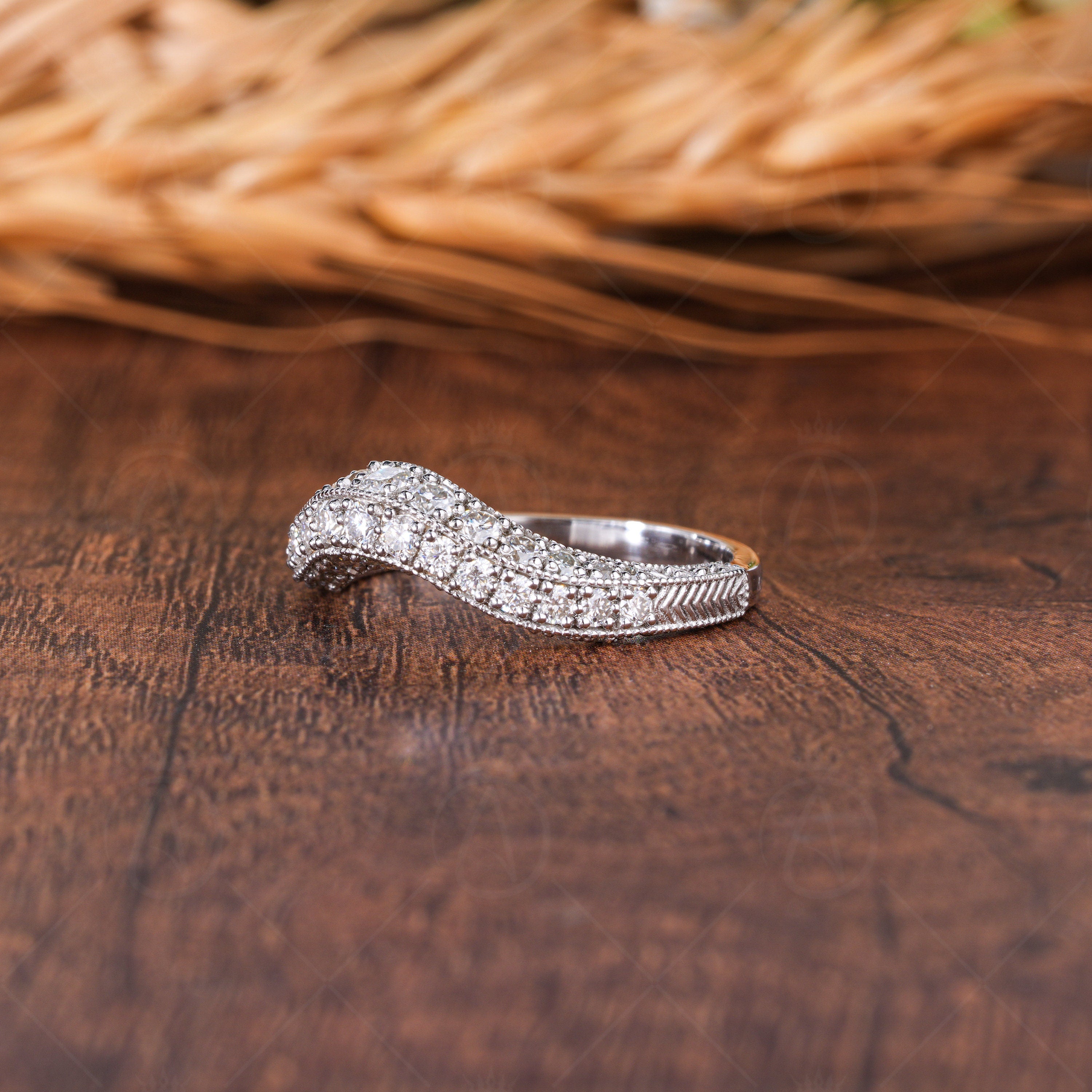 3 Sided Pave Contour Wedding Bands Women, Antique Vintage Curved Stacking Ring, Art Deco Moissanite Matching Band, Bridal Engraved Ring