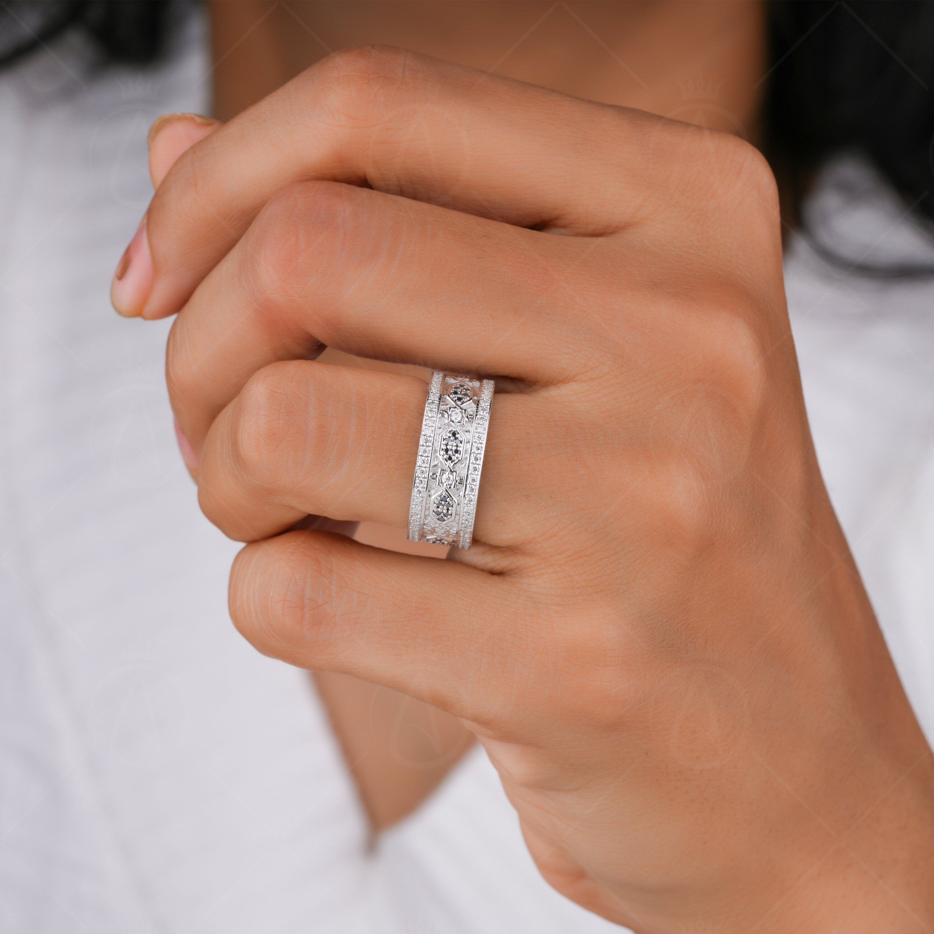 Moissanite Wide Cigar Band Rings, Full Eternity Wedding Anniversary Band, Designer Art Deco Thick Band, Unique Statement Ring